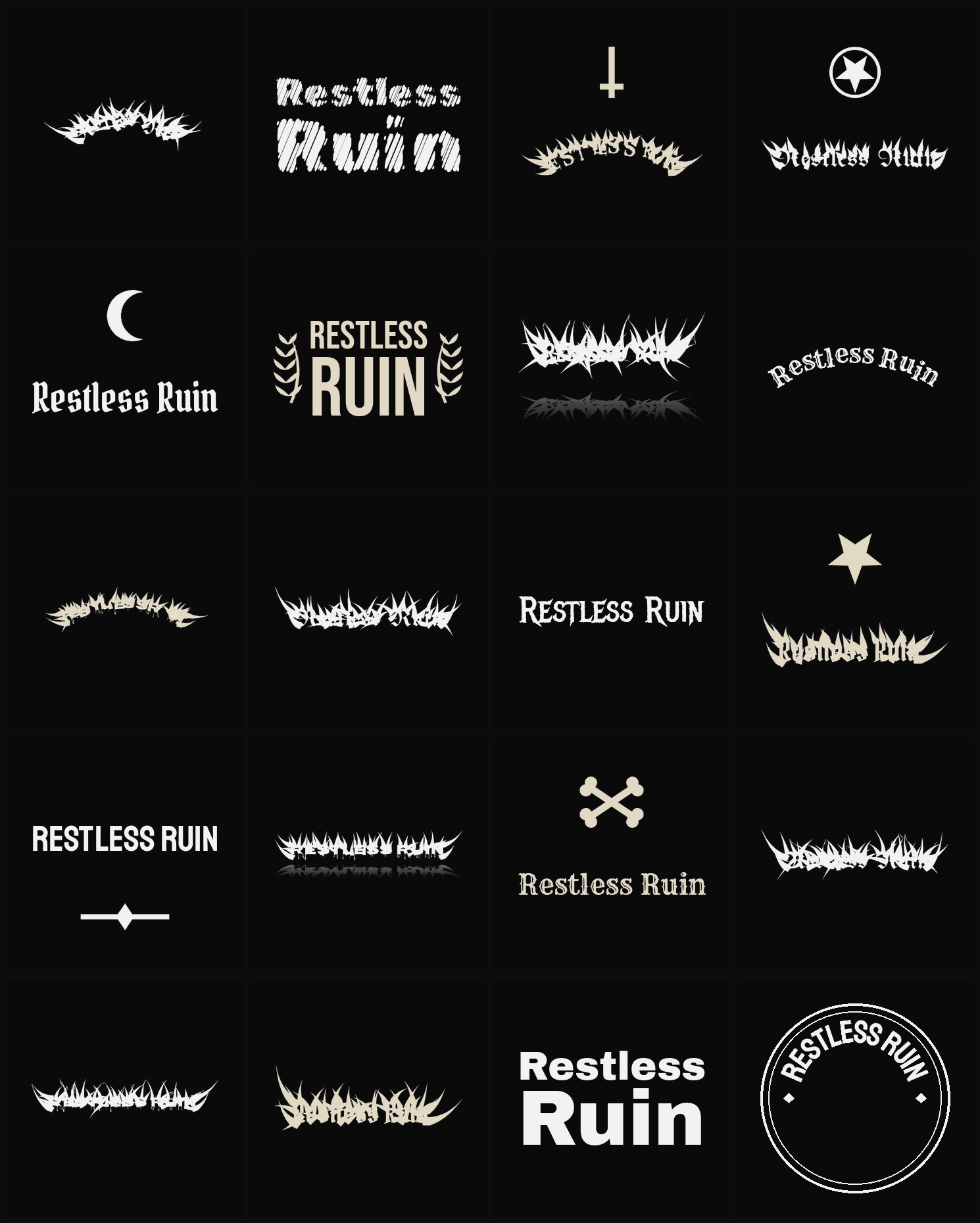 Twenty Restless Ruin band logo ideas — different faces, treatments and spike settings