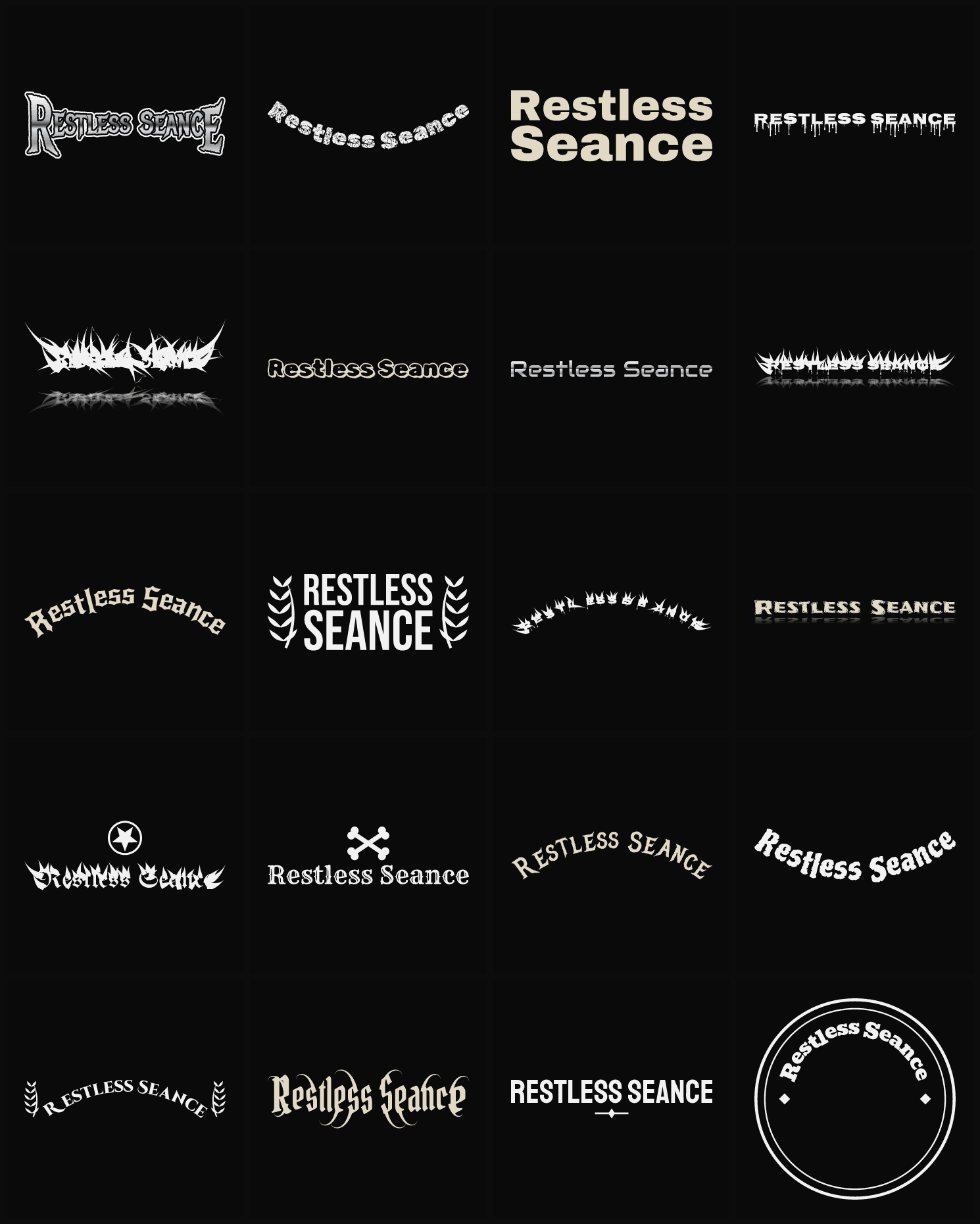 Twenty Restless Seance band logo ideas — different faces, treatments and spike settings