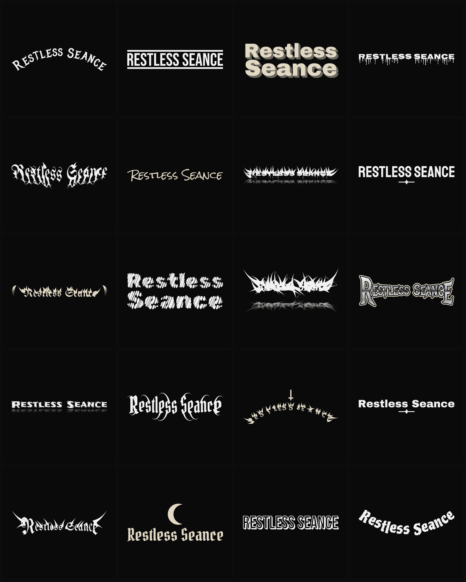 Twenty Restless Seance band logo ideas — different faces, treatments and spike settings