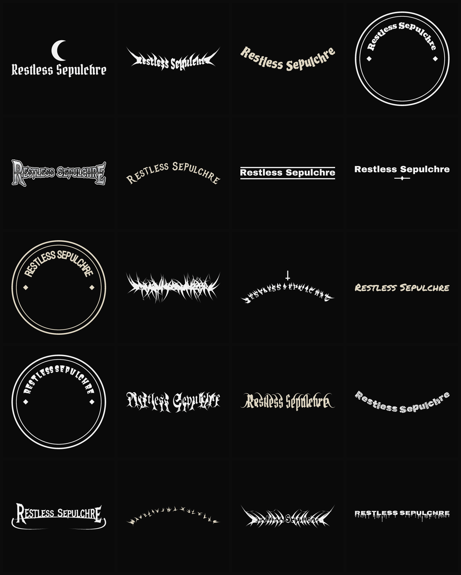Twenty Restless Sepulchre band logo ideas — different faces, treatments and spike settings