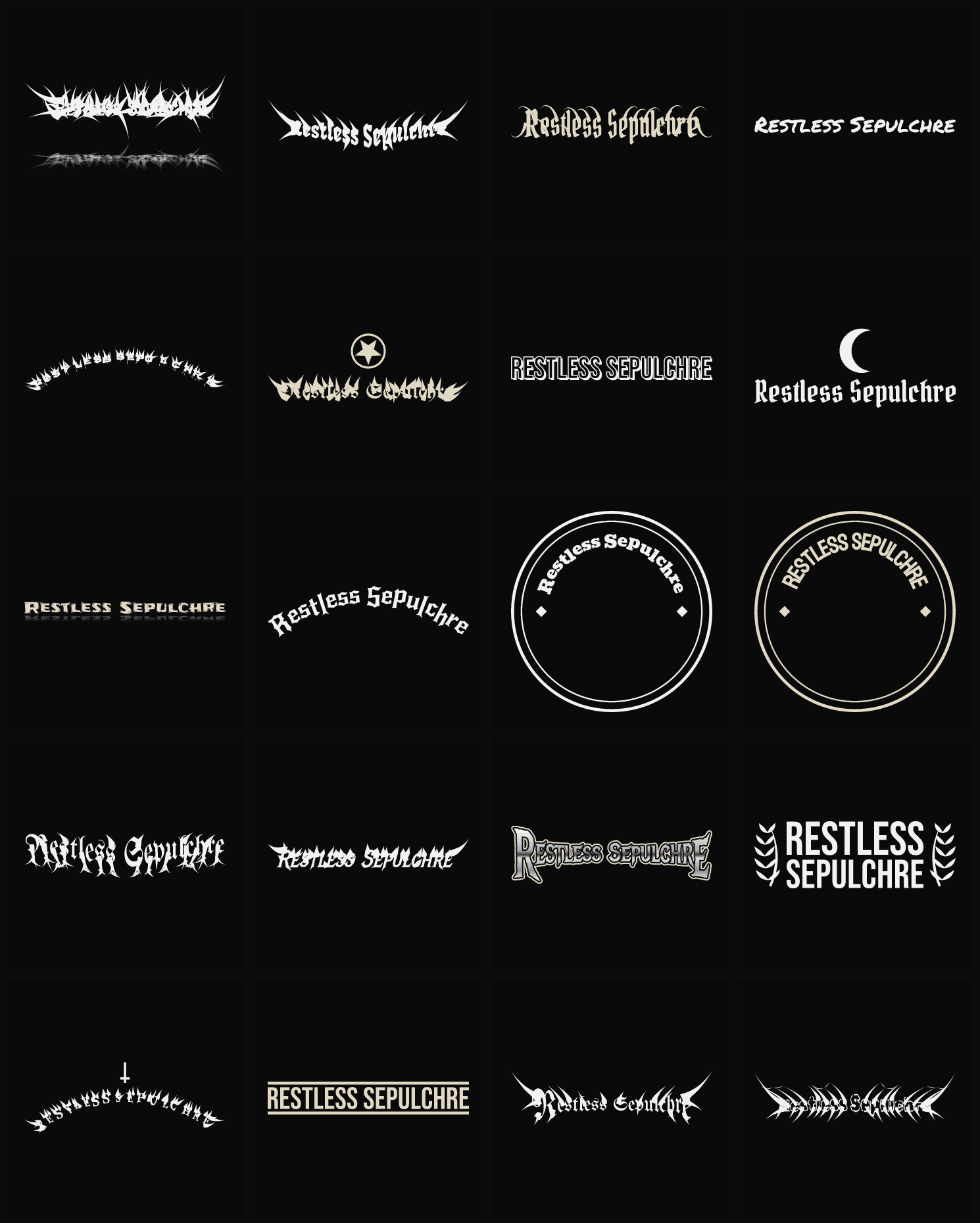 Twenty Restless Sepulchre band logo ideas — different faces, treatments and spike settings