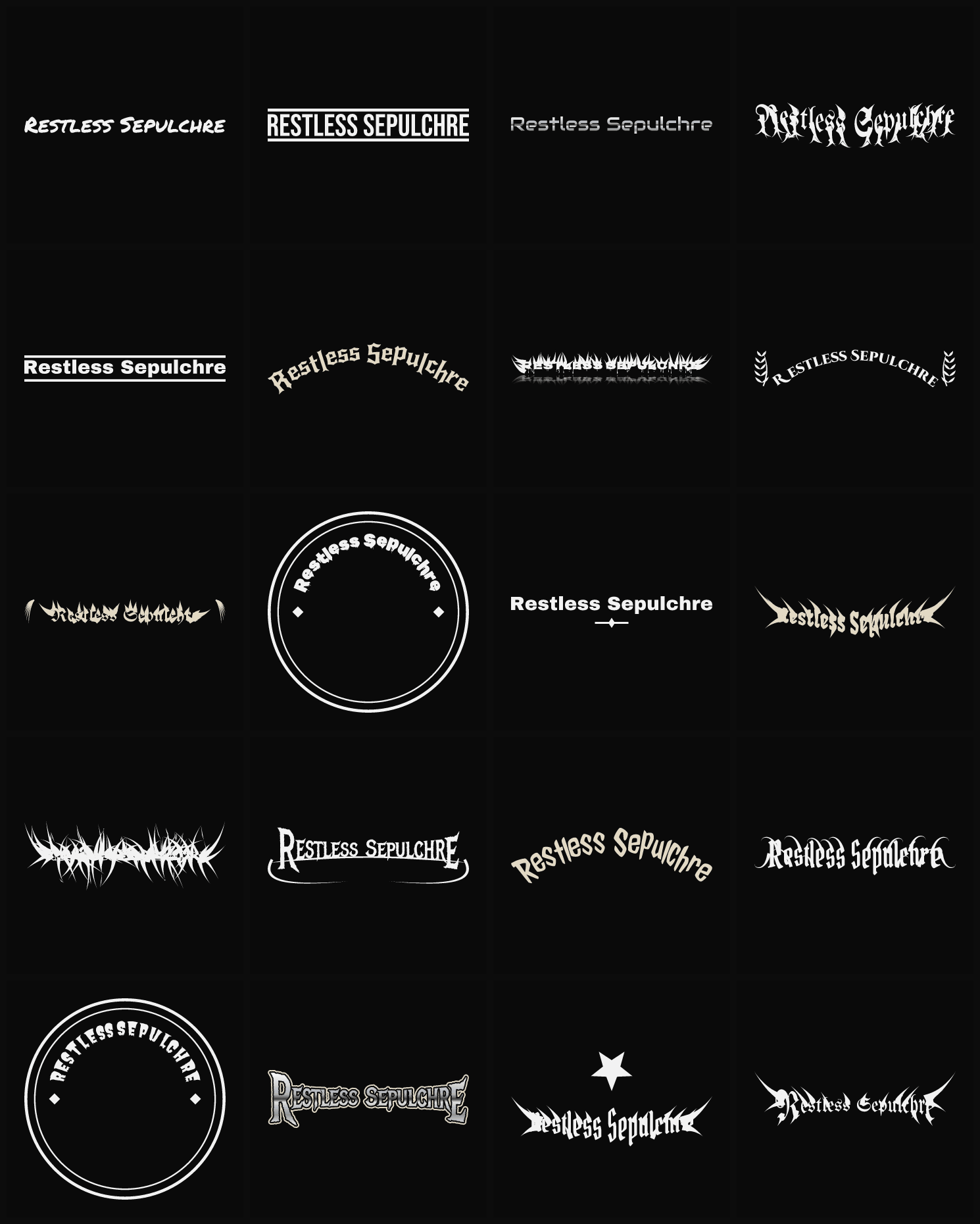 Twenty Restless Sepulchre band logo ideas — different faces, treatments and spike settings
