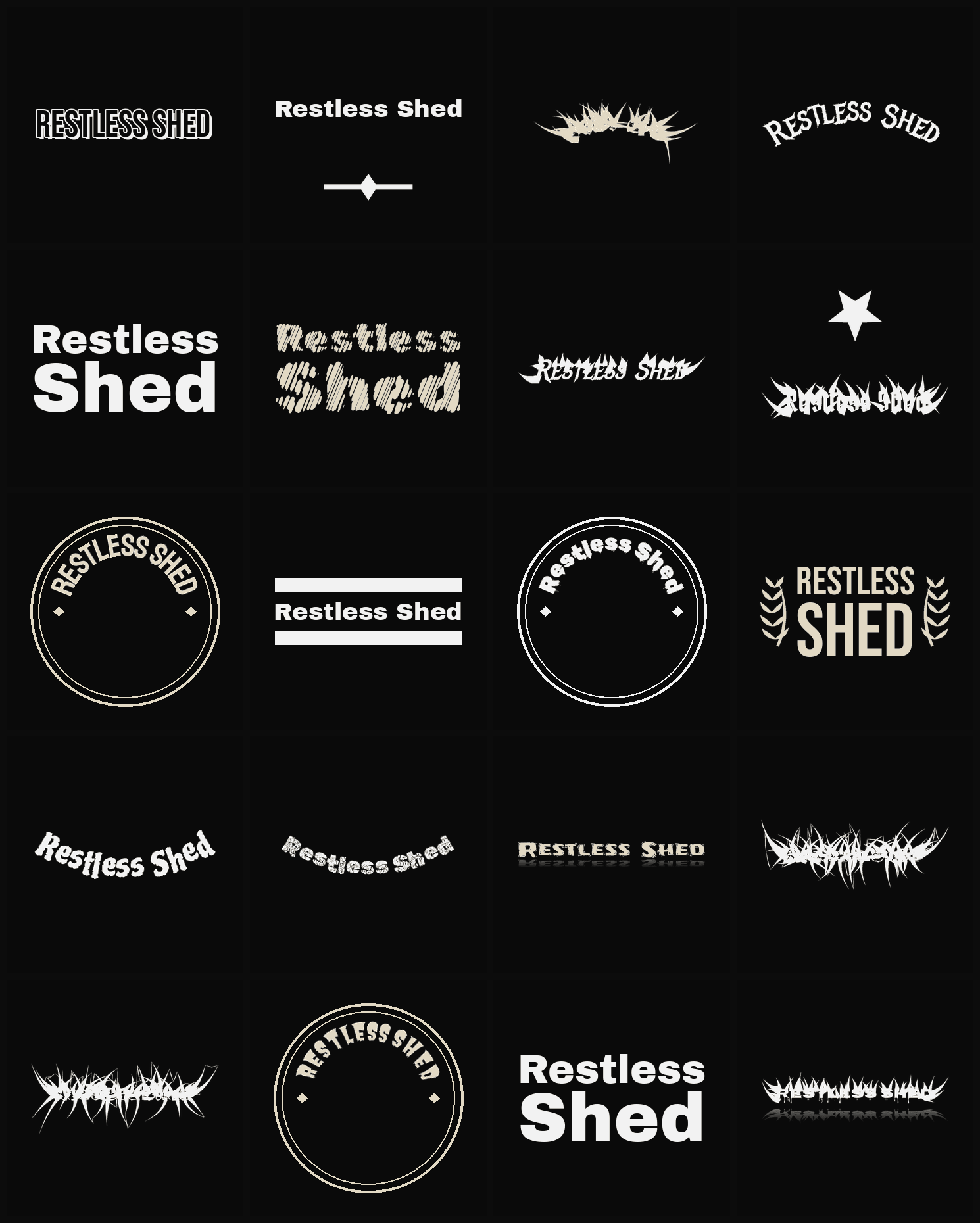Twenty Restless Shed band logo ideas — different faces, treatments and spike settings