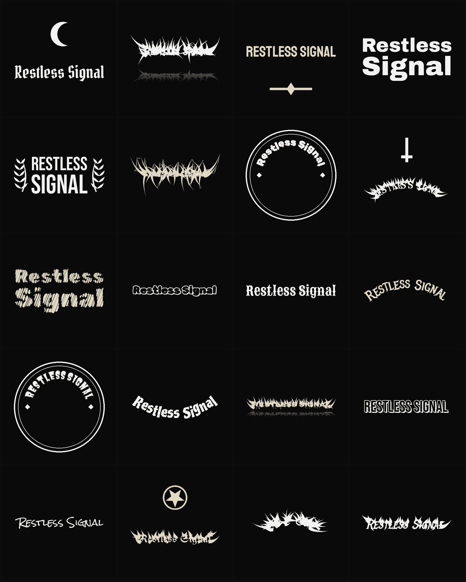 Twenty Restless Signal band logo ideas — different faces, treatments and spike settings