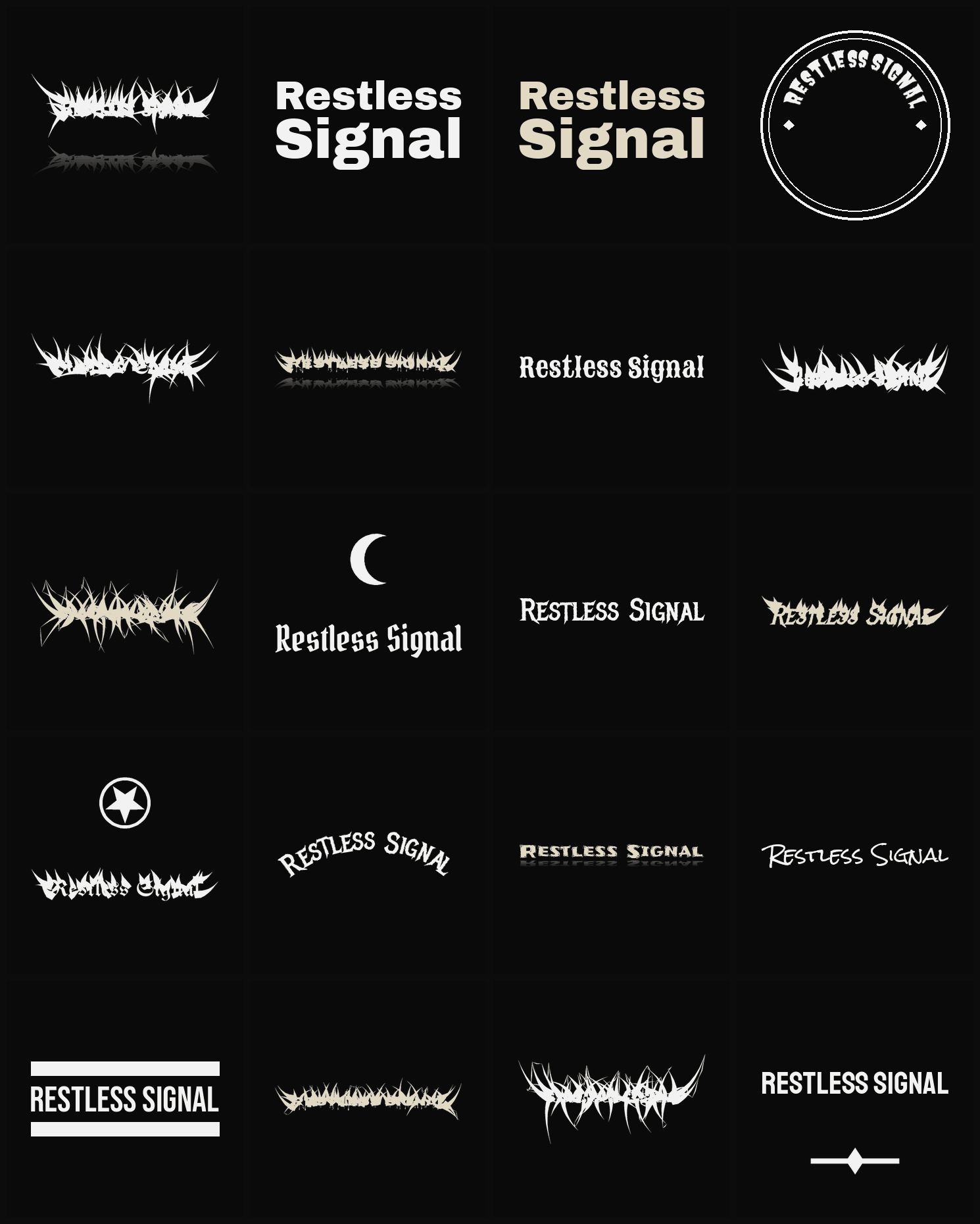 Twenty Restless Signal band logo ideas — different faces, treatments and spike settings
