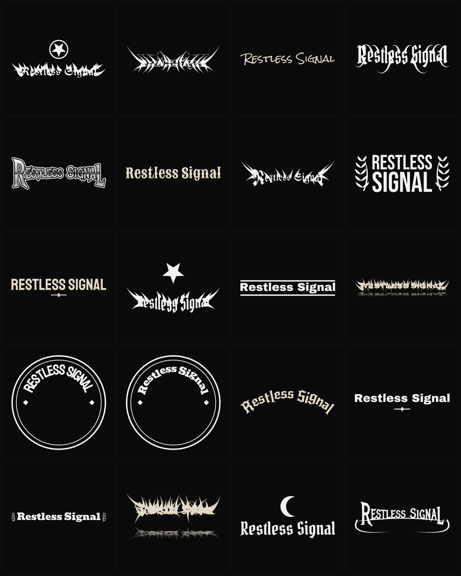 Twenty Restless Signal band logo ideas — different faces, treatments and spike settings