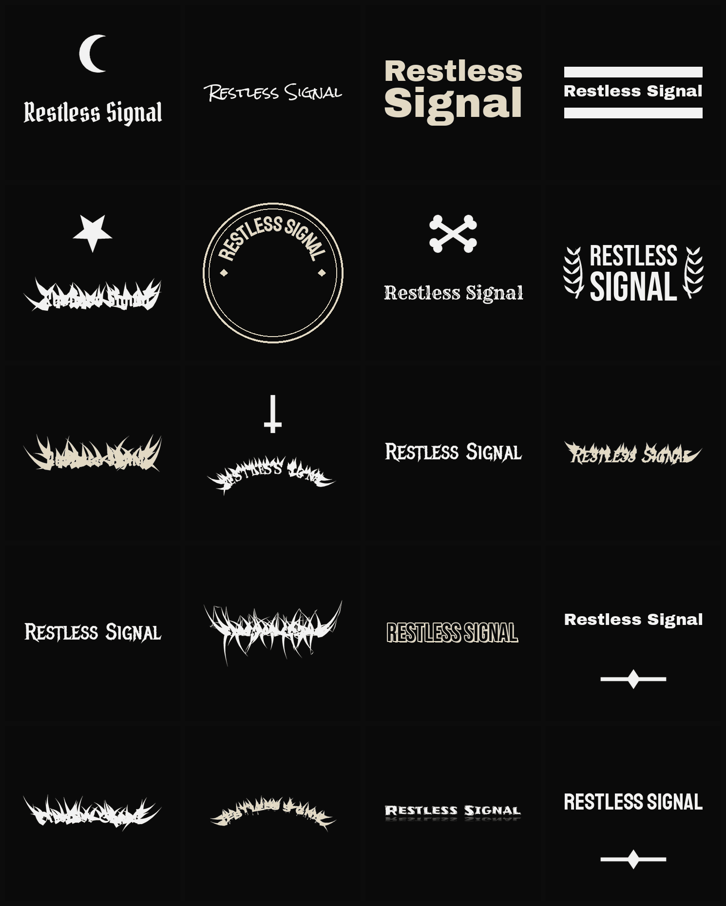 Twenty Restless Signal band logo ideas — different faces, treatments and spike settings