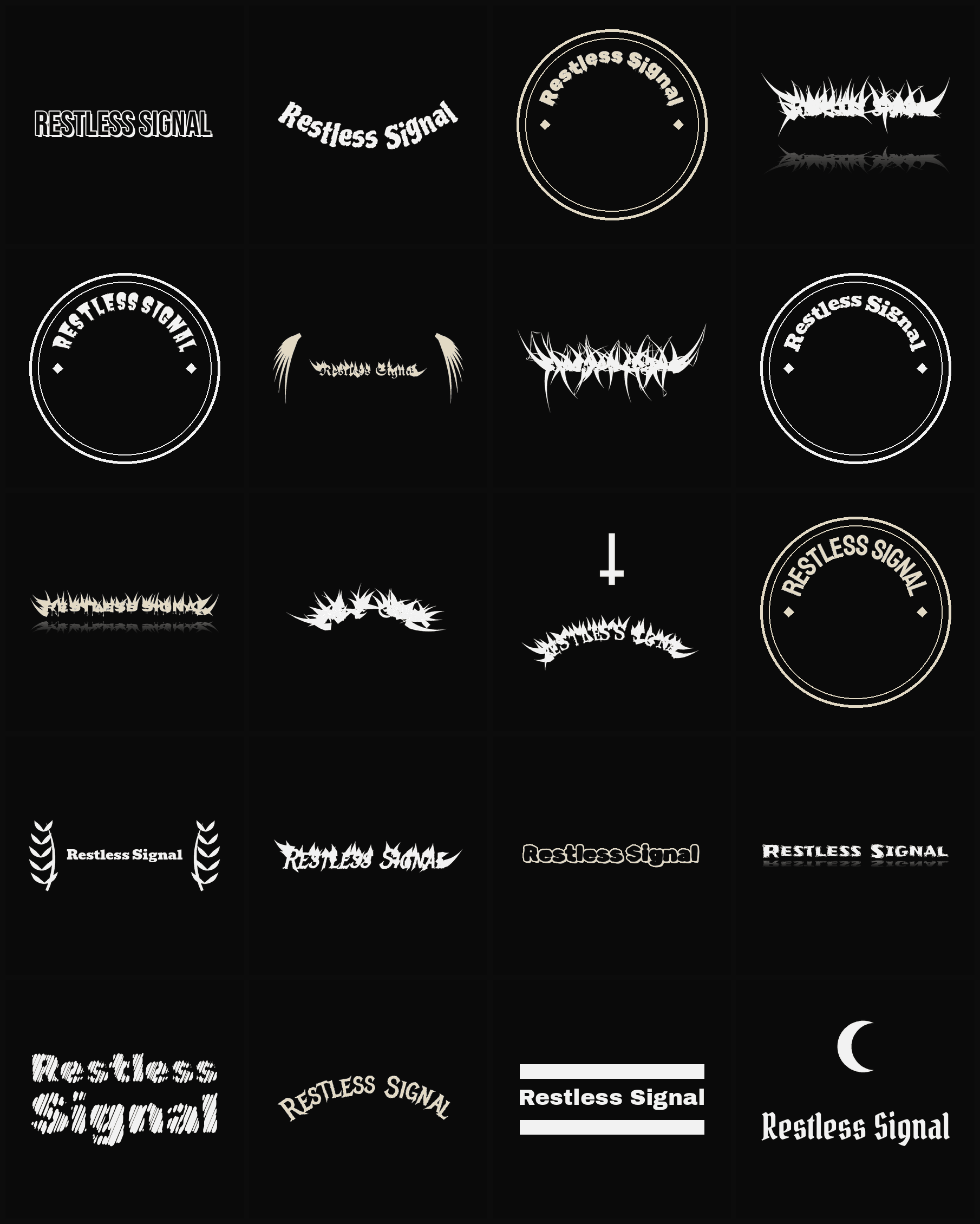 Twenty Restless Signal band logo ideas — different faces, treatments and spike settings