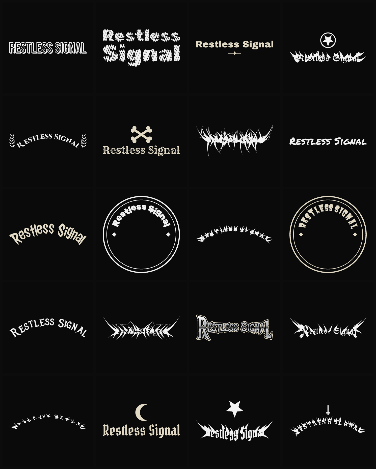 Twenty Restless Signal band logo ideas — different faces, treatments and spike settings