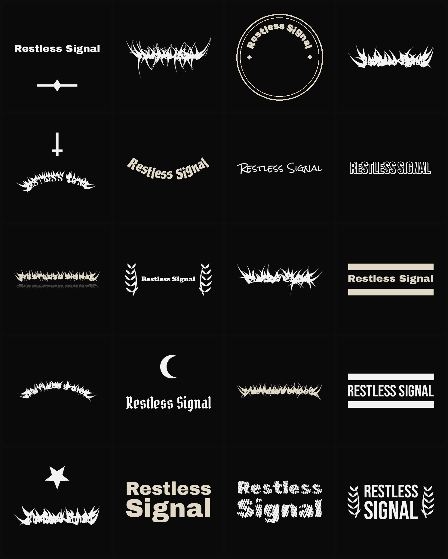 Twenty Restless Signal band logo ideas — different faces, treatments and spike settings