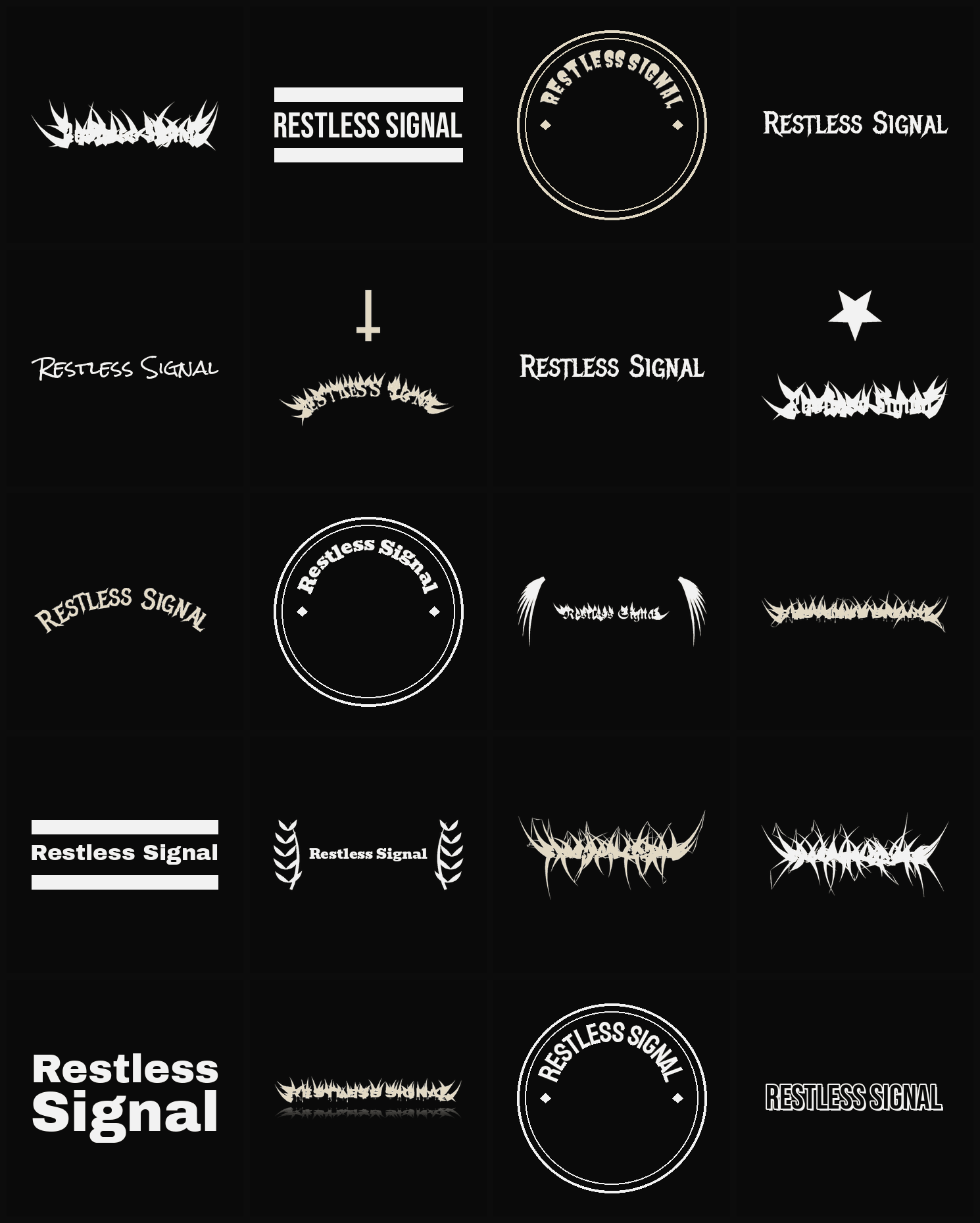 Twenty Restless Signal band logo ideas — different faces, treatments and spike settings