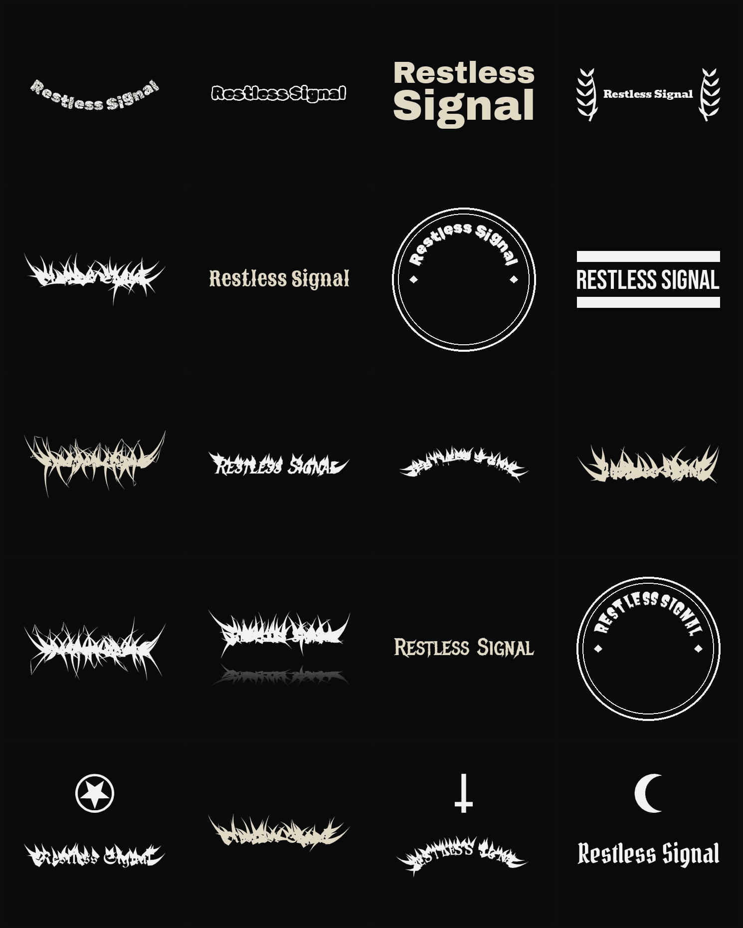 Twenty Restless Signal band logo ideas — different faces, treatments and spike settings
