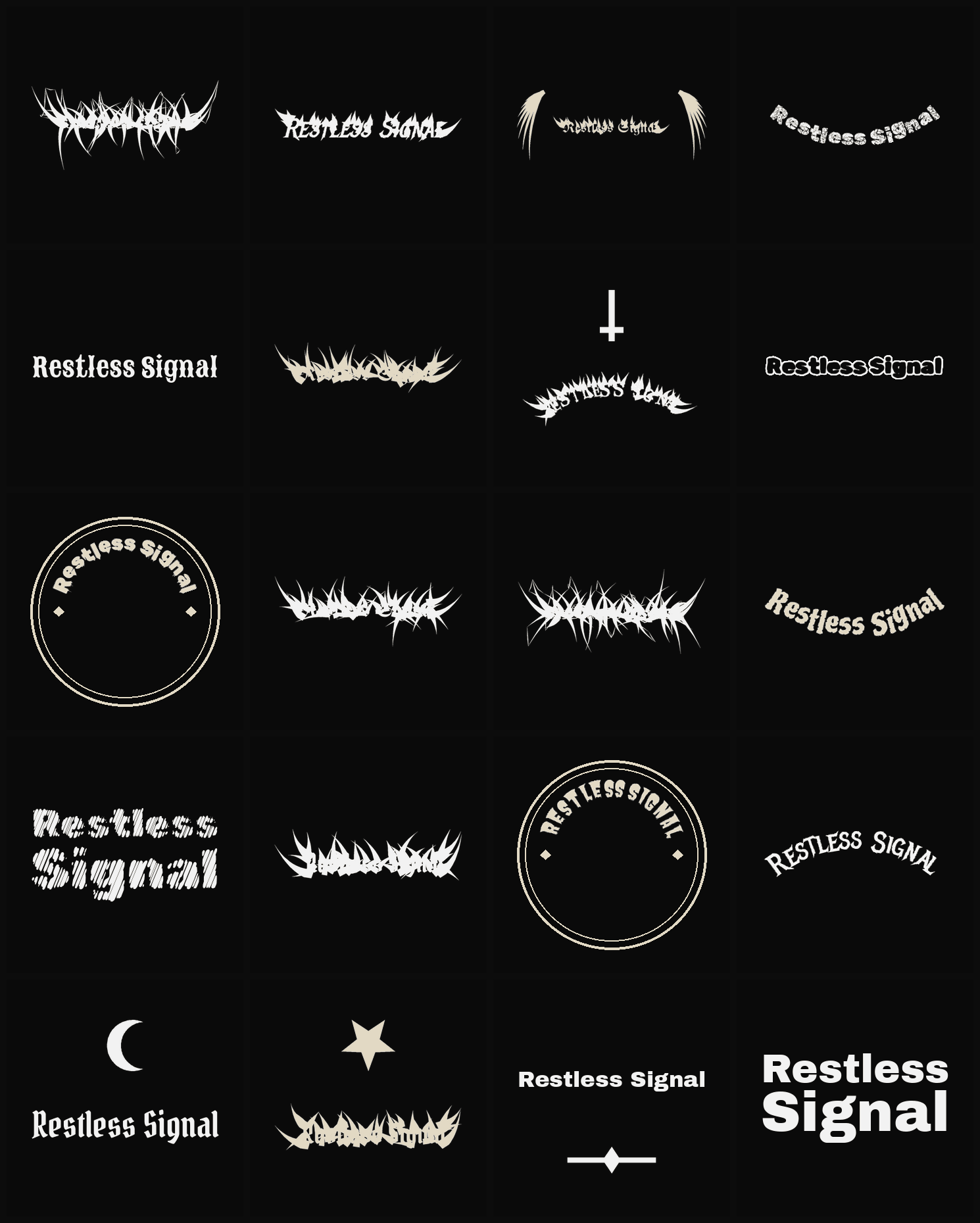 Twenty Restless Signal band logo ideas — different faces, treatments and spike settings