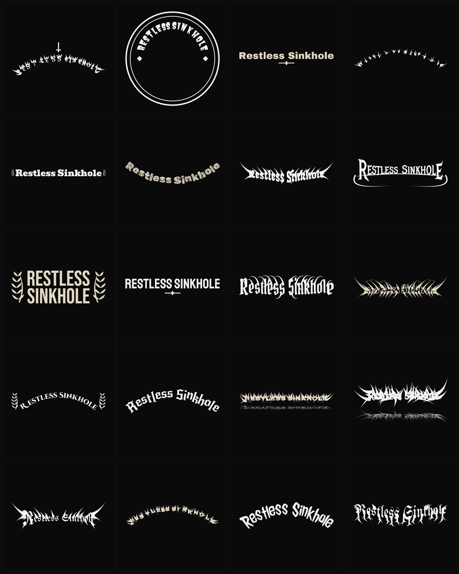 Twenty Restless Sinkhole band logo ideas — different faces, treatments and spike settings