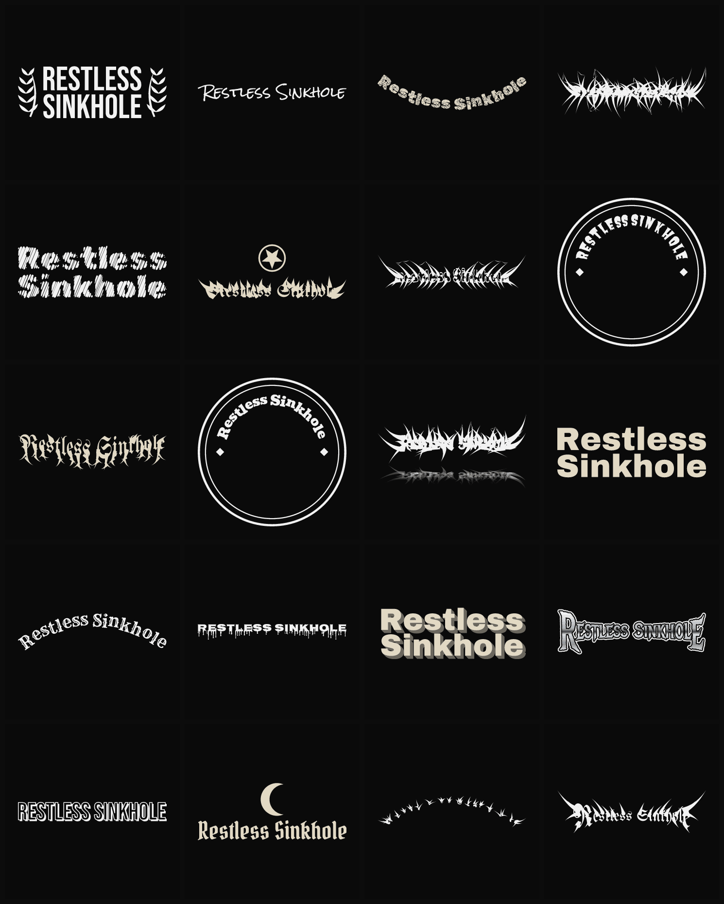 Twenty Restless Sinkhole band logo ideas — different faces, treatments and spike settings