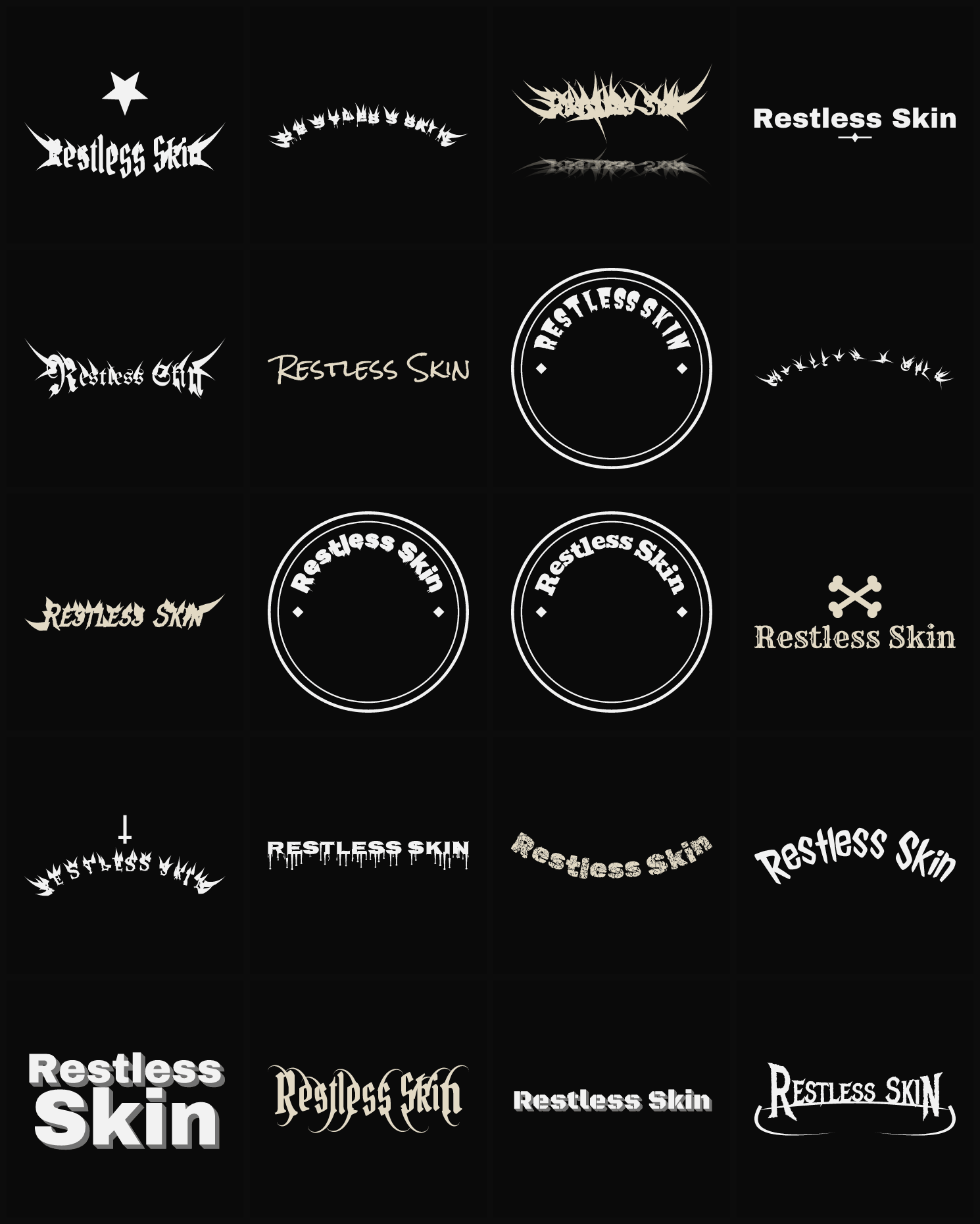 Twenty Restless Skin band logo ideas — different faces, treatments and spike settings