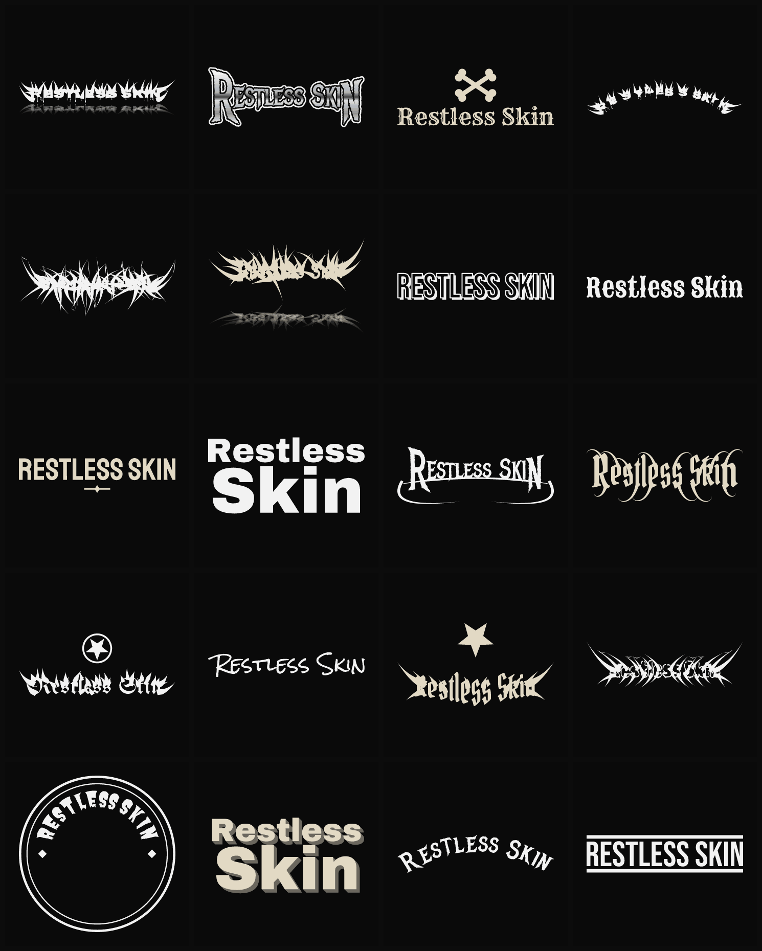 Twenty Restless Skin band logo ideas — different faces, treatments and spike settings