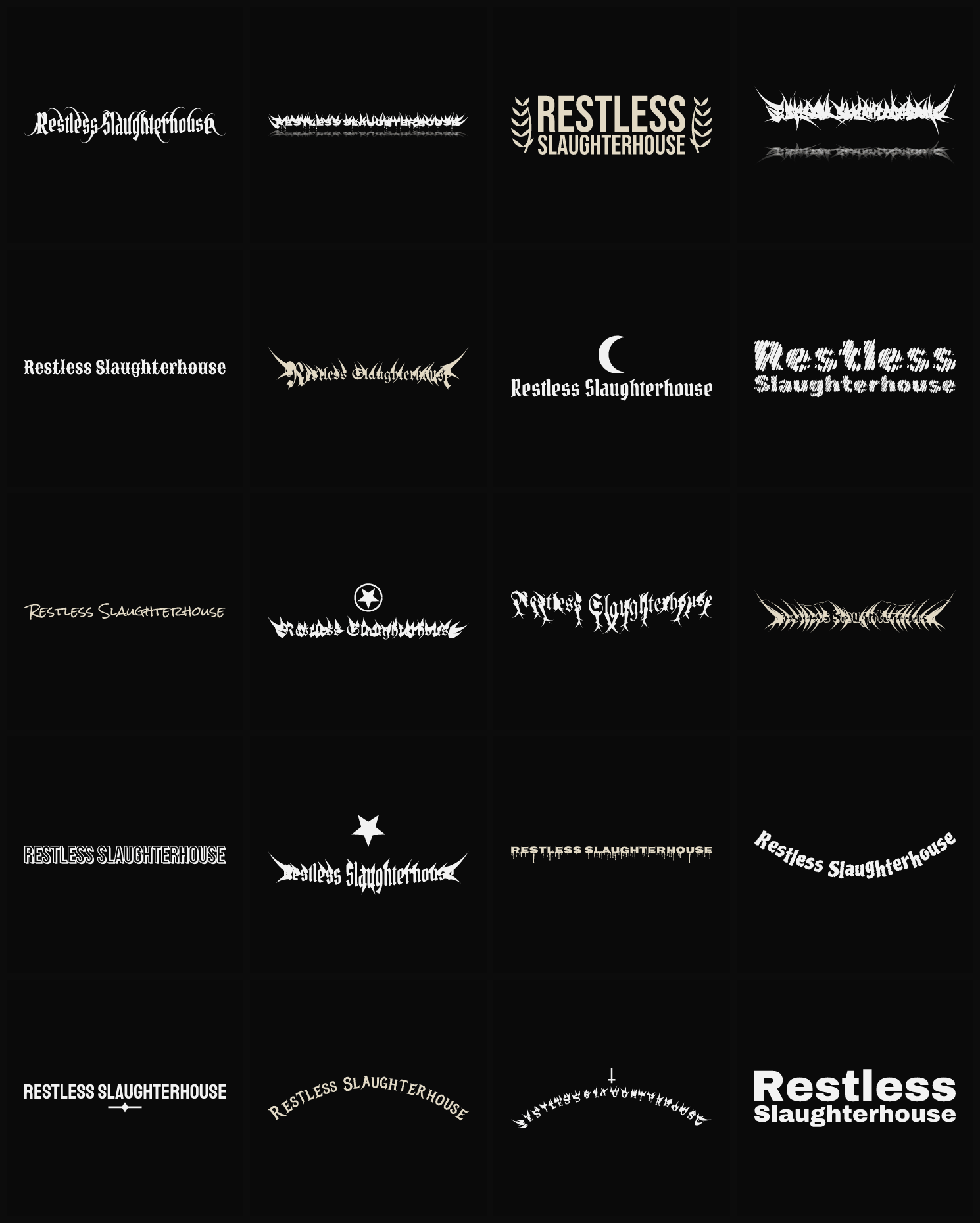 Twenty Restless Slaughterhouse band logo ideas — different faces, treatments and spike settings