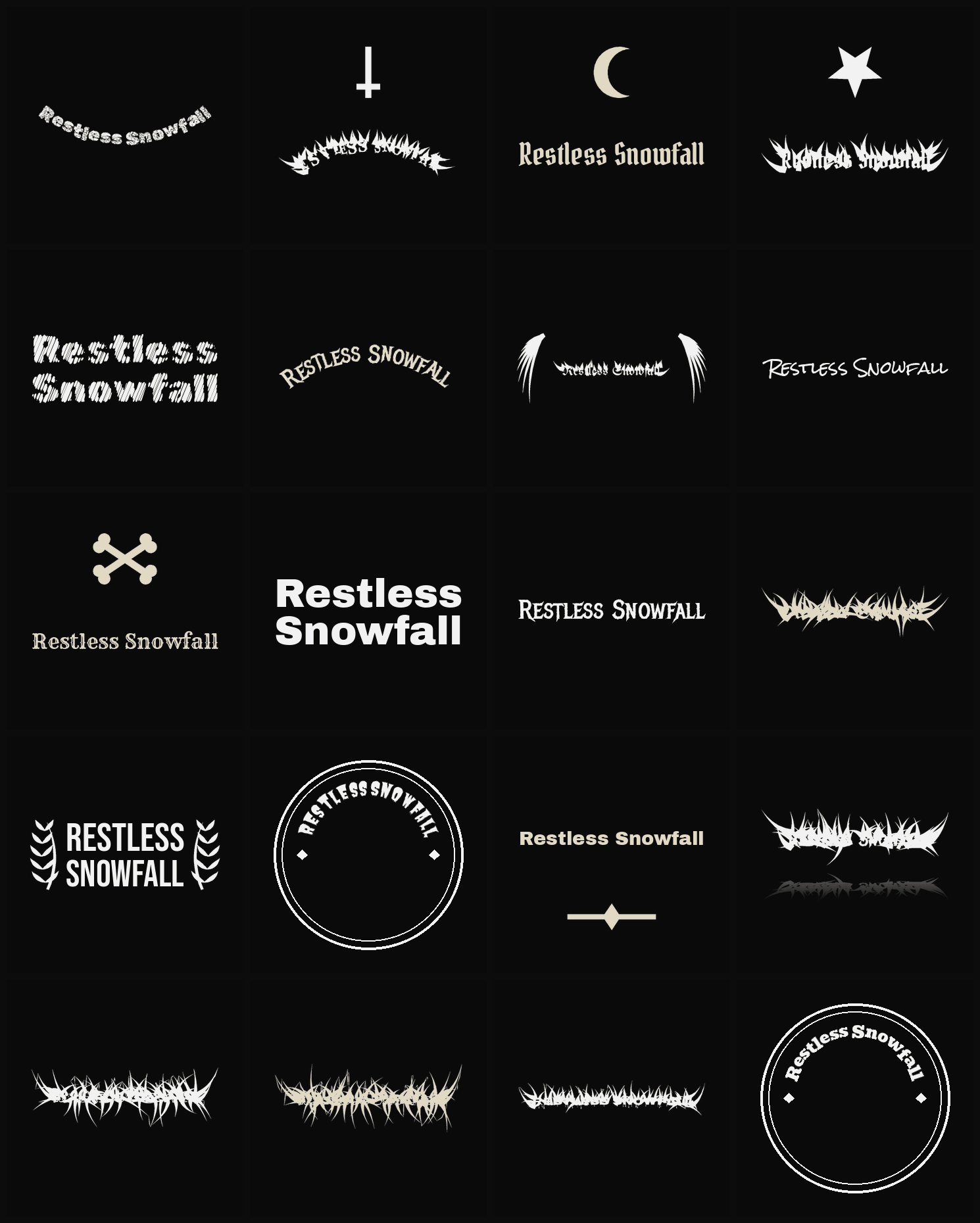 Twenty Restless Snowfall band logo ideas — different faces, treatments and spike settings