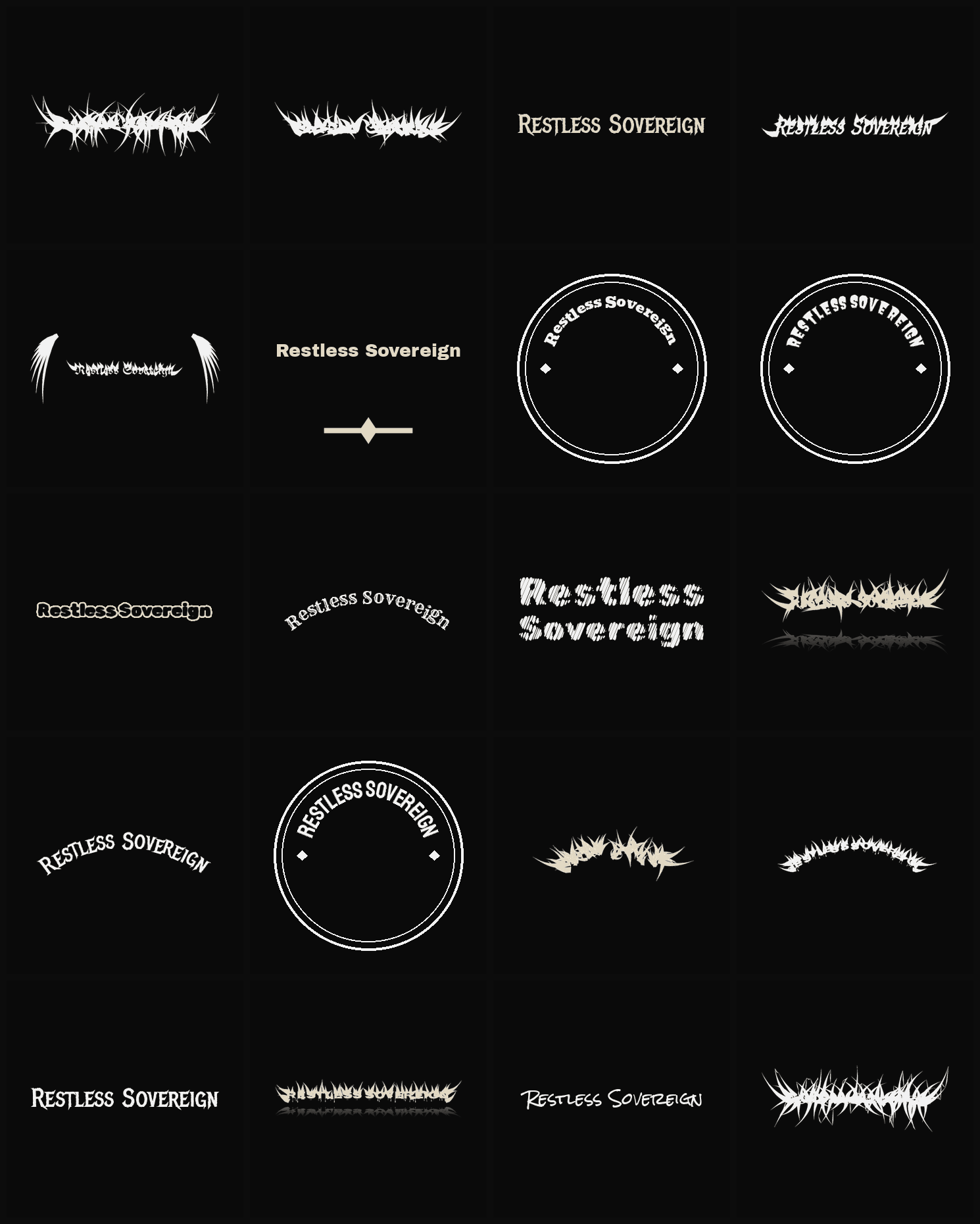 Twenty Restless Sovereign band logo ideas — different faces, treatments and spike settings