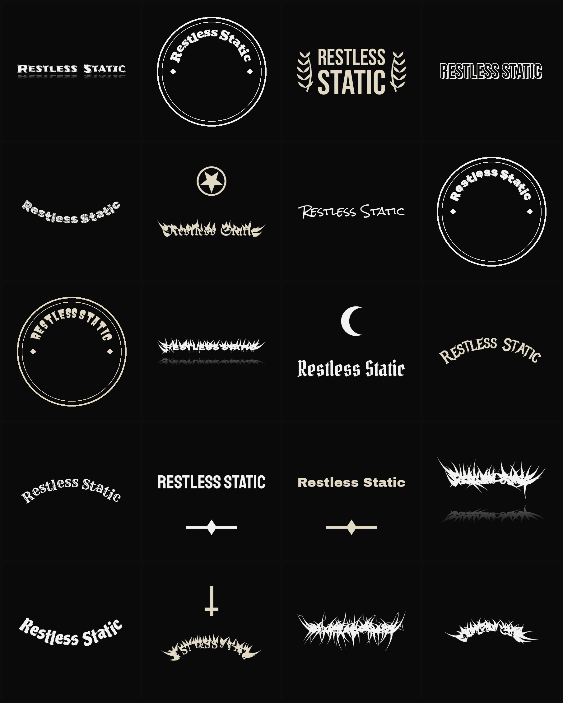 Twenty Restless Static band logo ideas — different faces, treatments and spike settings