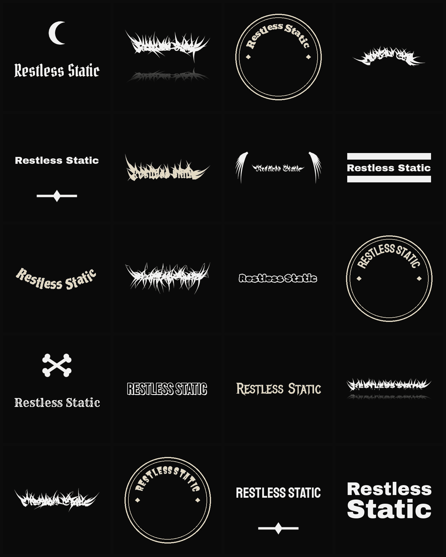 Twenty Restless Static band logo ideas — different faces, treatments and spike settings