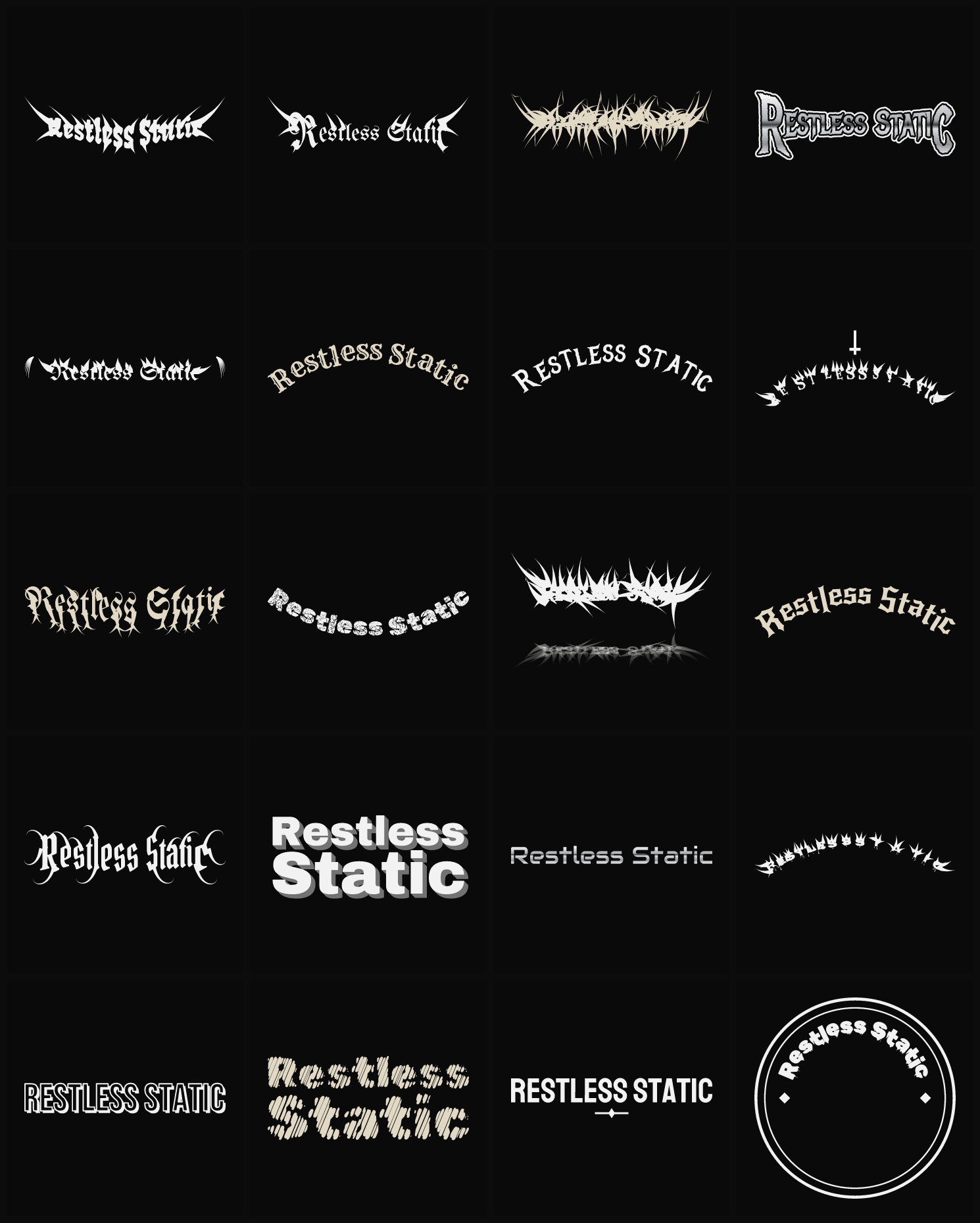 Twenty Restless Static band logo ideas — different faces, treatments and spike settings