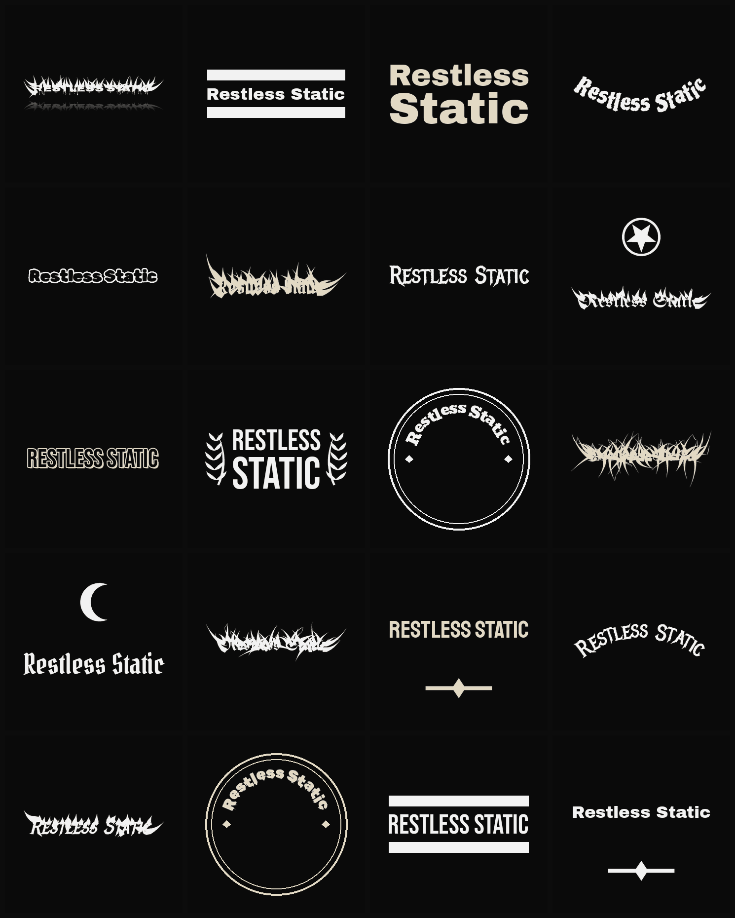 Twenty Restless Static band logo ideas — different faces, treatments and spike settings