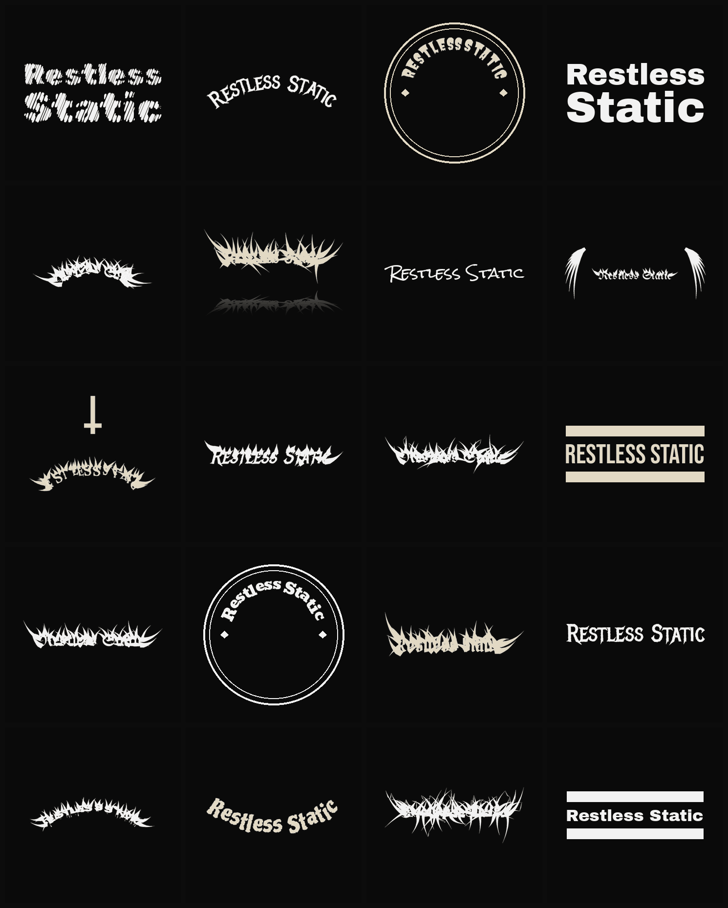 Twenty Restless Static band logo ideas — different faces, treatments and spike settings