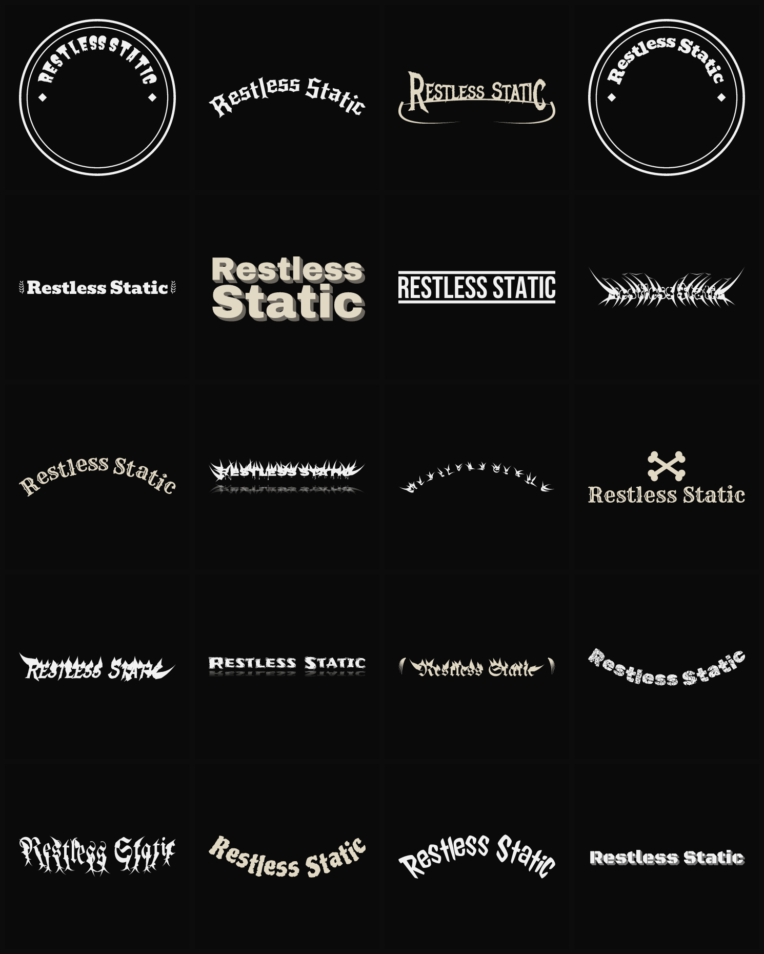 Twenty Restless Static band logo ideas — different faces, treatments and spike settings