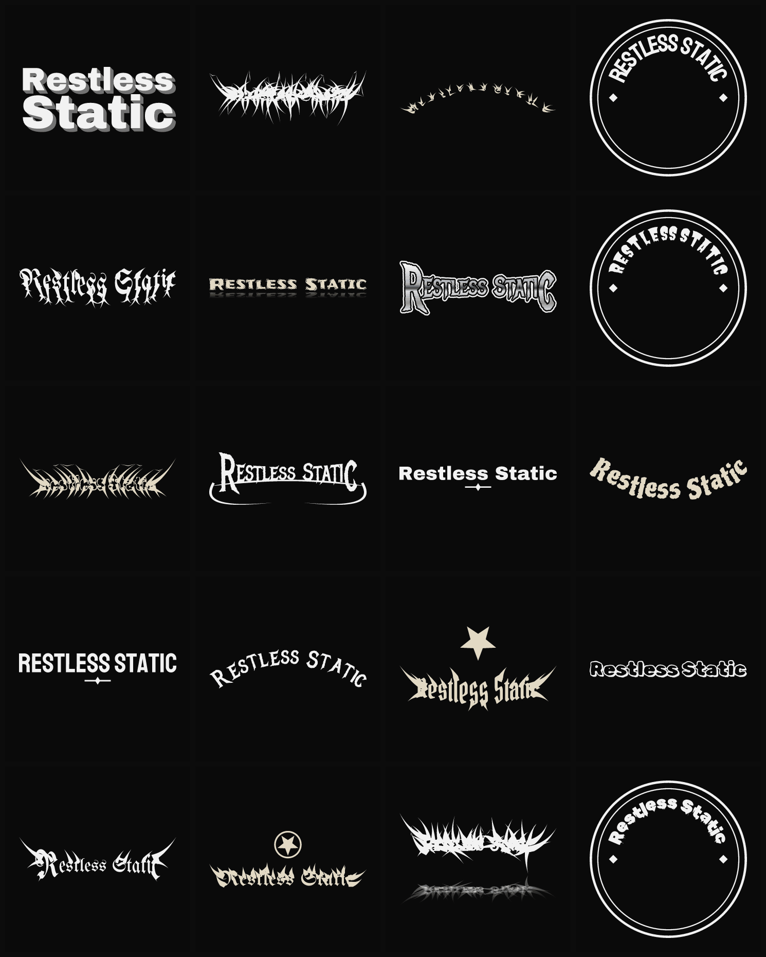 Twenty Restless Static band logo ideas — different faces, treatments and spike settings