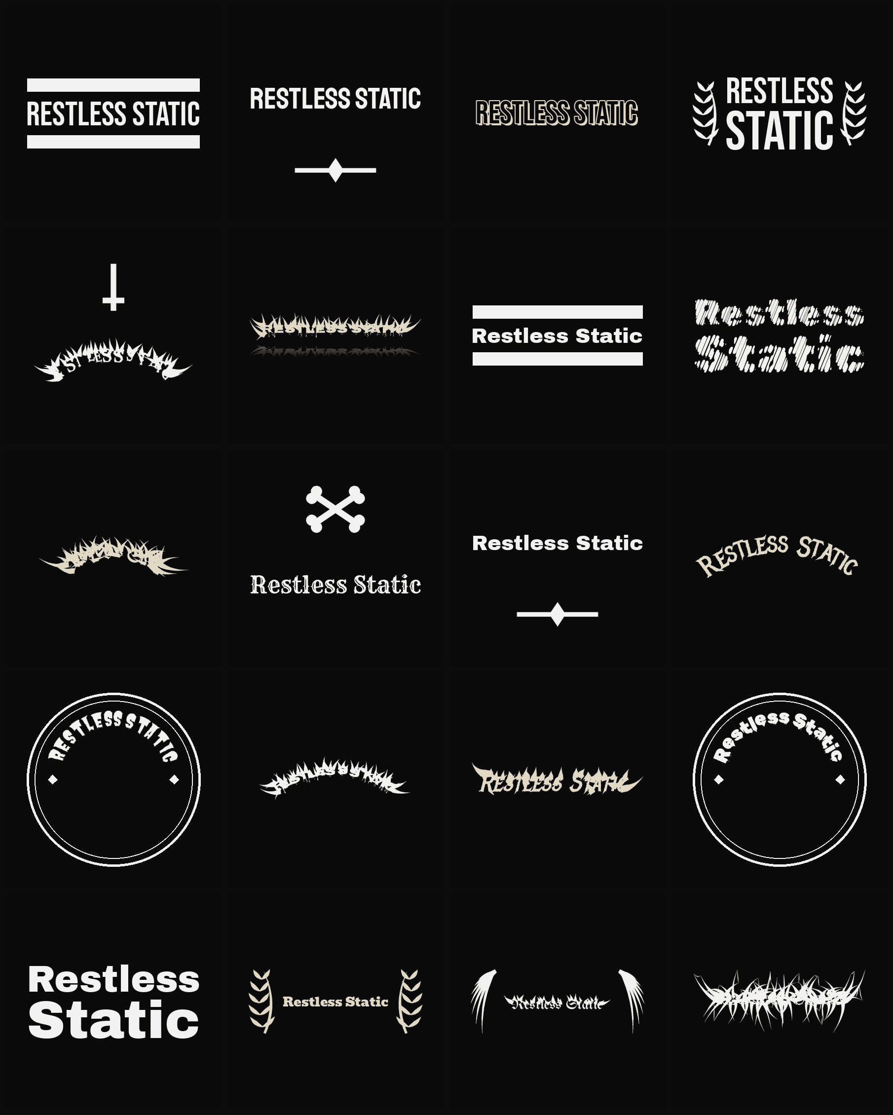Twenty Restless Static band logo ideas — different faces, treatments and spike settings