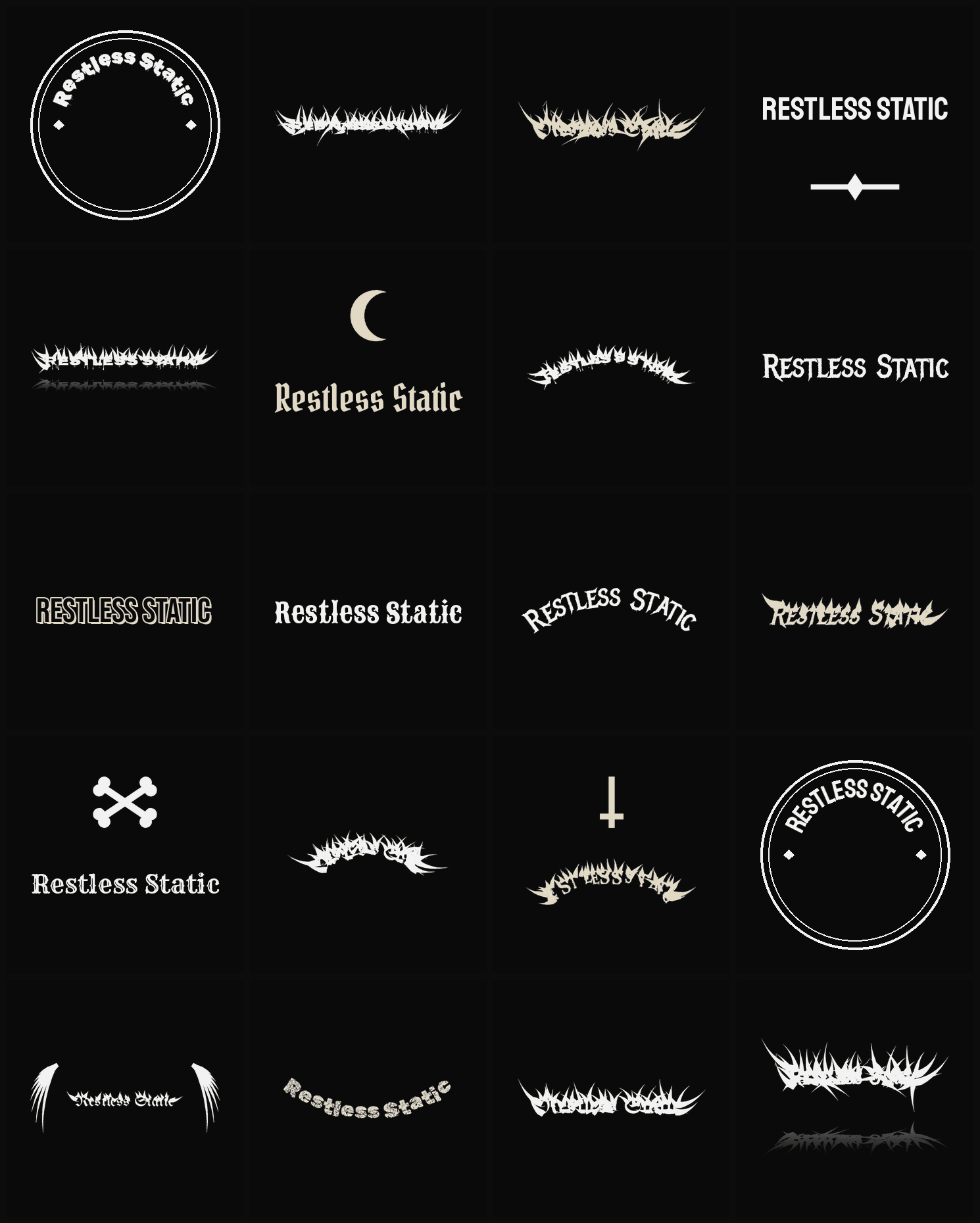 Twenty Restless Static band logo ideas — different faces, treatments and spike settings