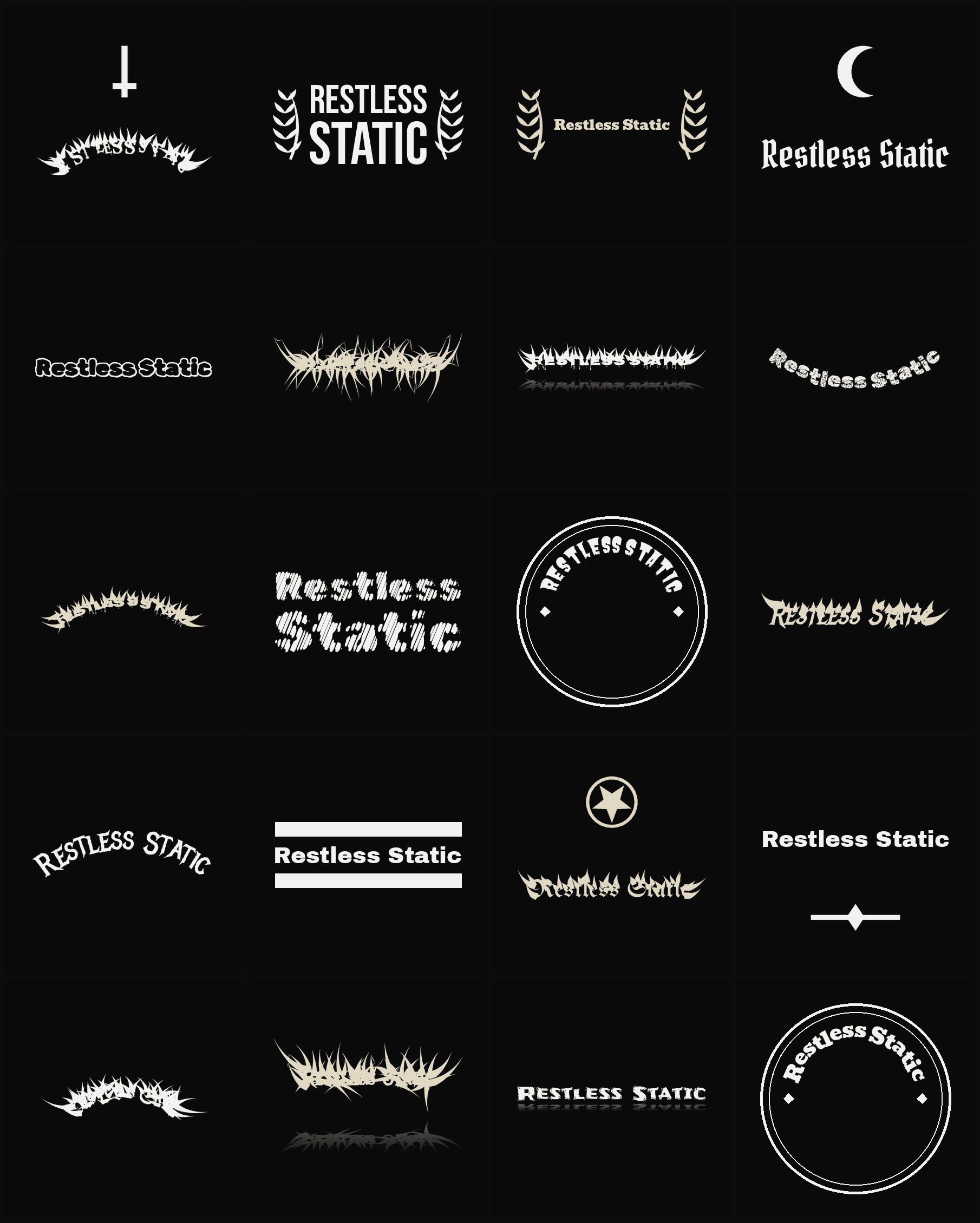 Twenty Restless Static band logo ideas — different faces, treatments and spike settings