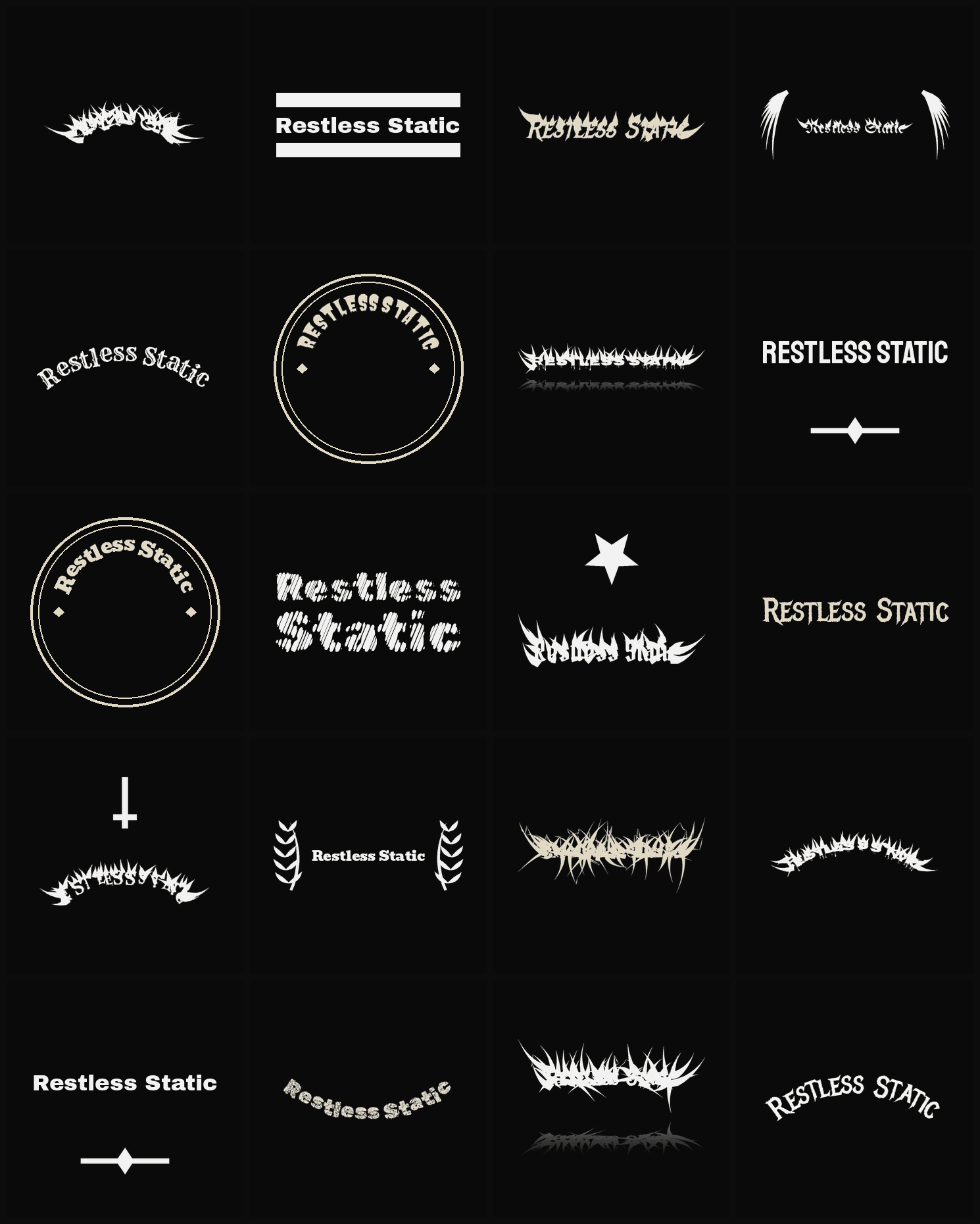 Twenty Restless Static band logo ideas — different faces, treatments and spike settings