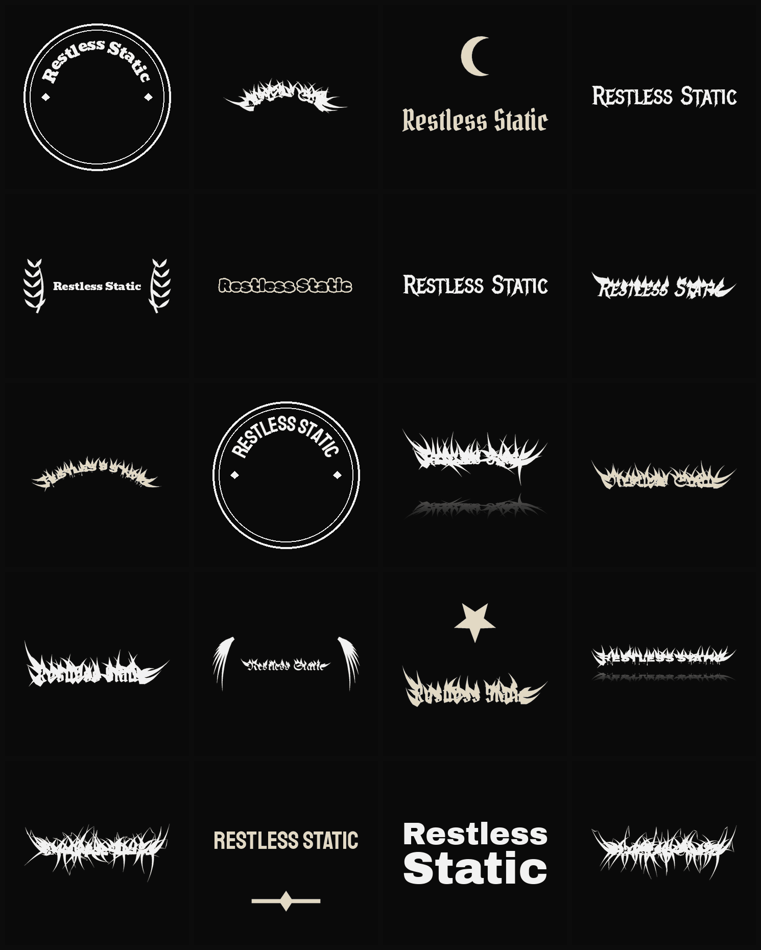 Twenty Restless Static band logo ideas — different faces, treatments and spike settings