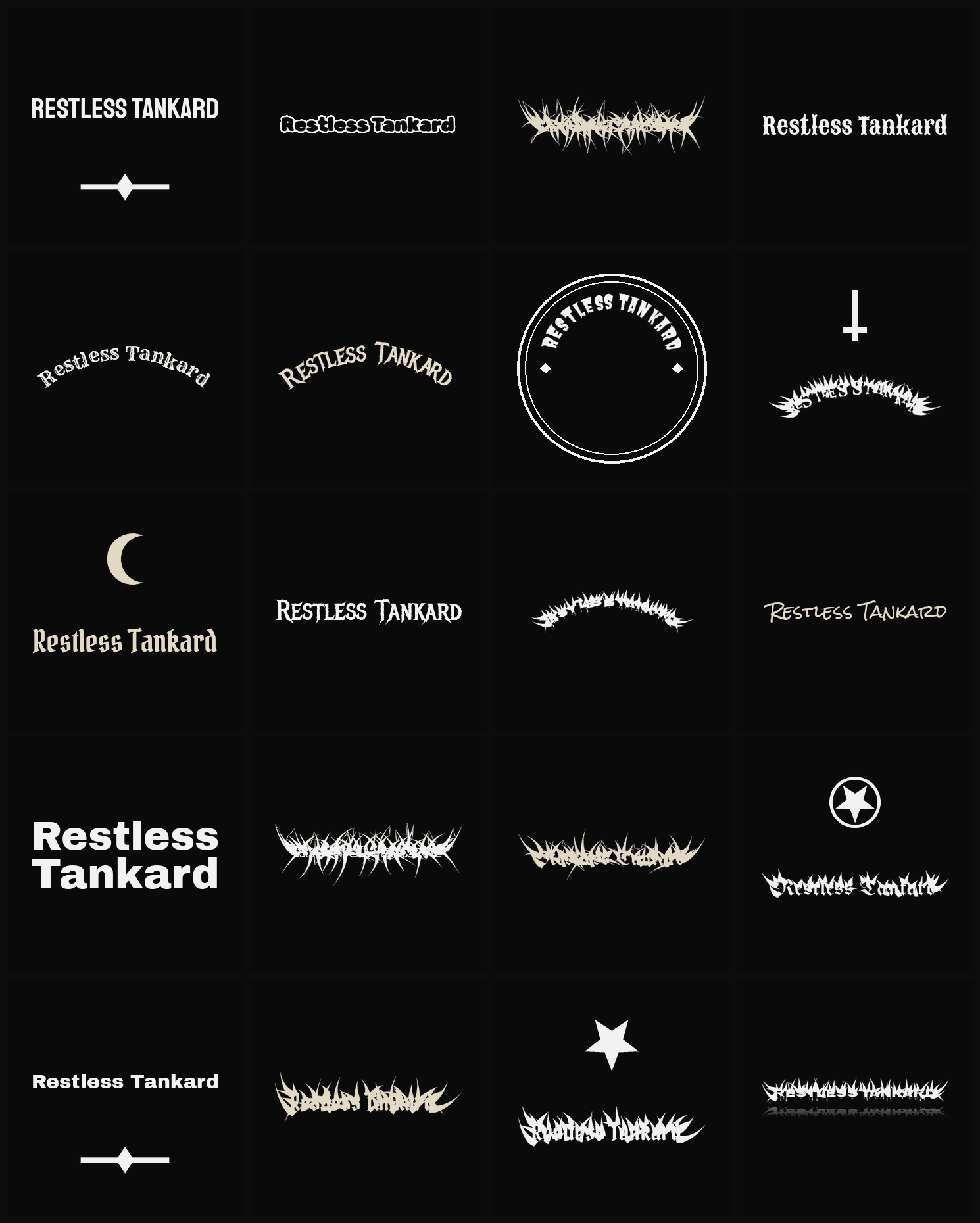 Twenty Restless Tankard band logo ideas — different faces, treatments and spike settings