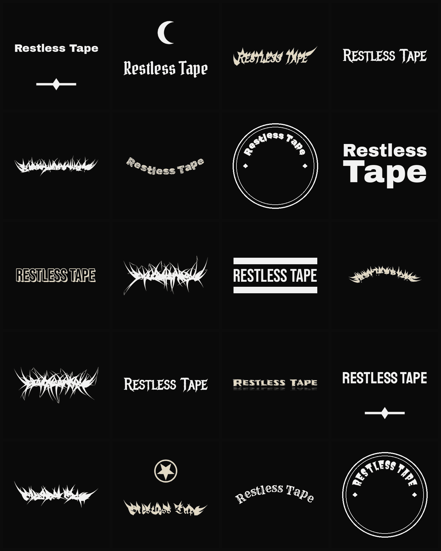 Twenty Restless Tape band logo ideas — different faces, treatments and spike settings