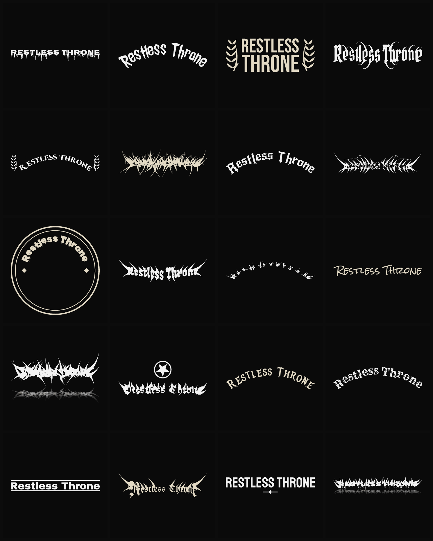 Twenty Restless Throne band logo ideas — different faces, treatments and spike settings