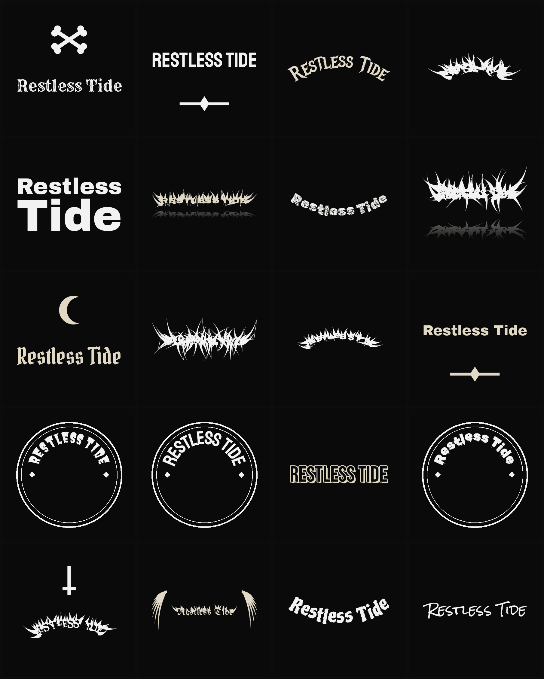 Twenty Restless Tide band logo ideas — different faces, treatments and spike settings