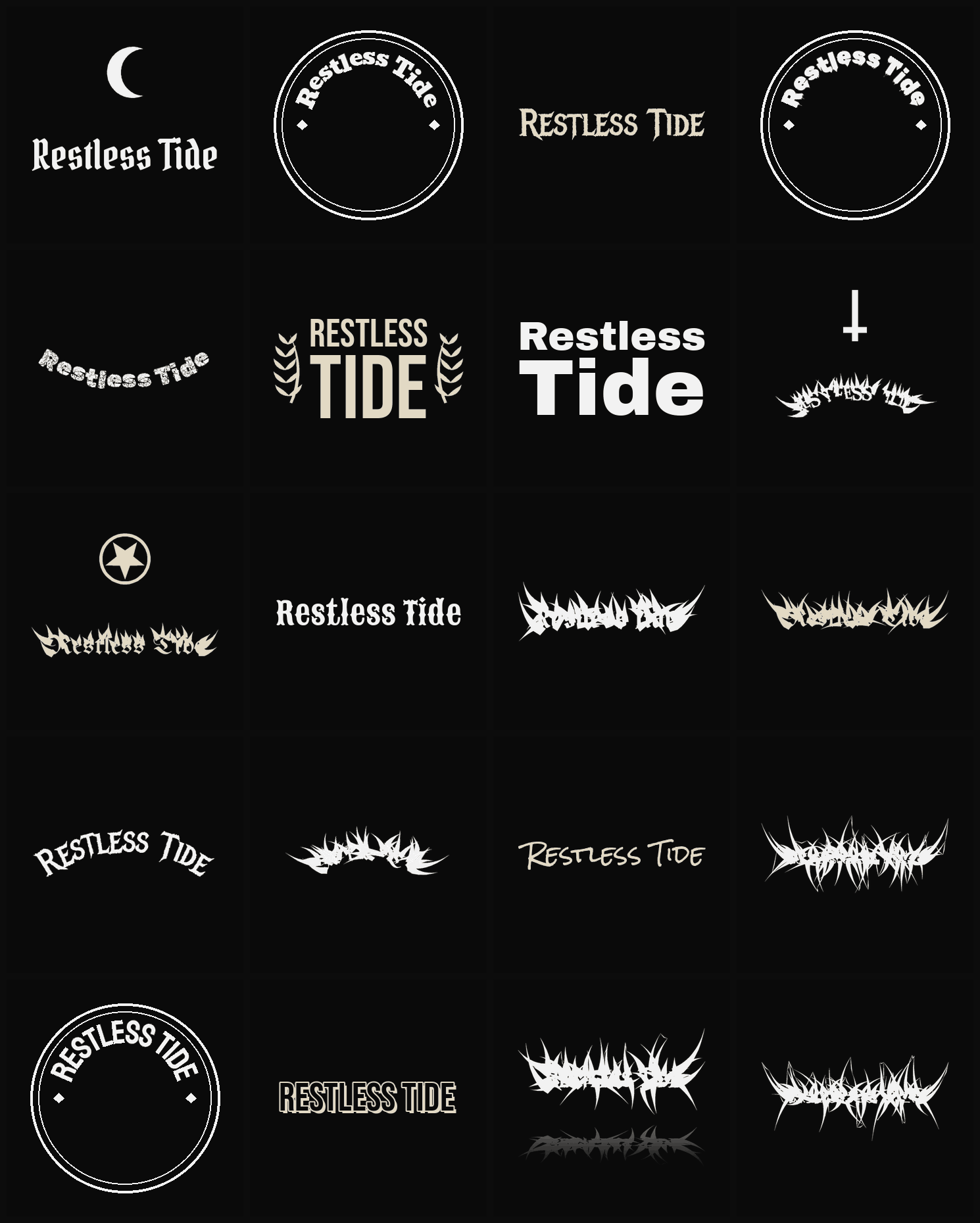 Twenty Restless Tide band logo ideas — different faces, treatments and spike settings