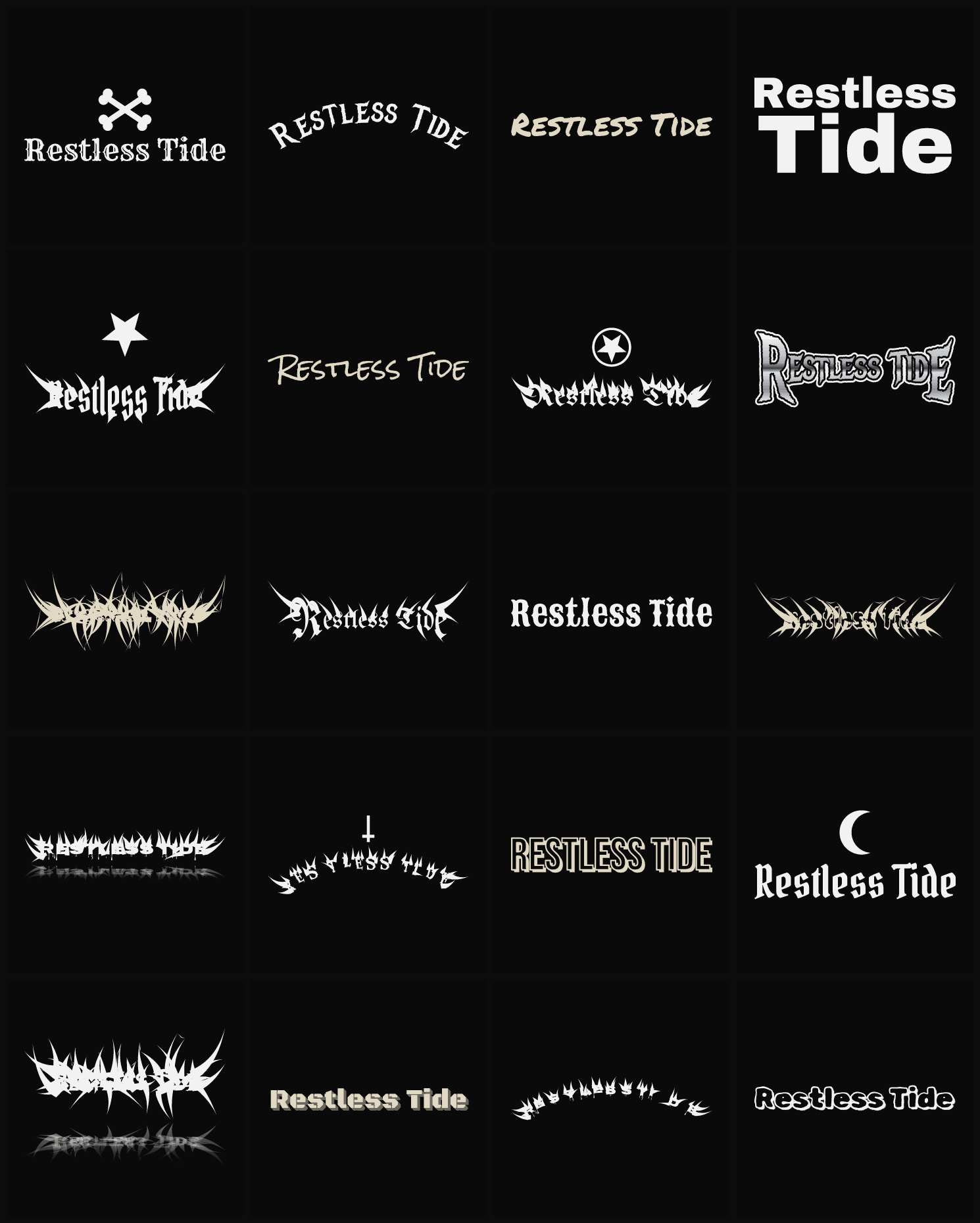 Twenty Restless Tide band logo ideas — different faces, treatments and spike settings