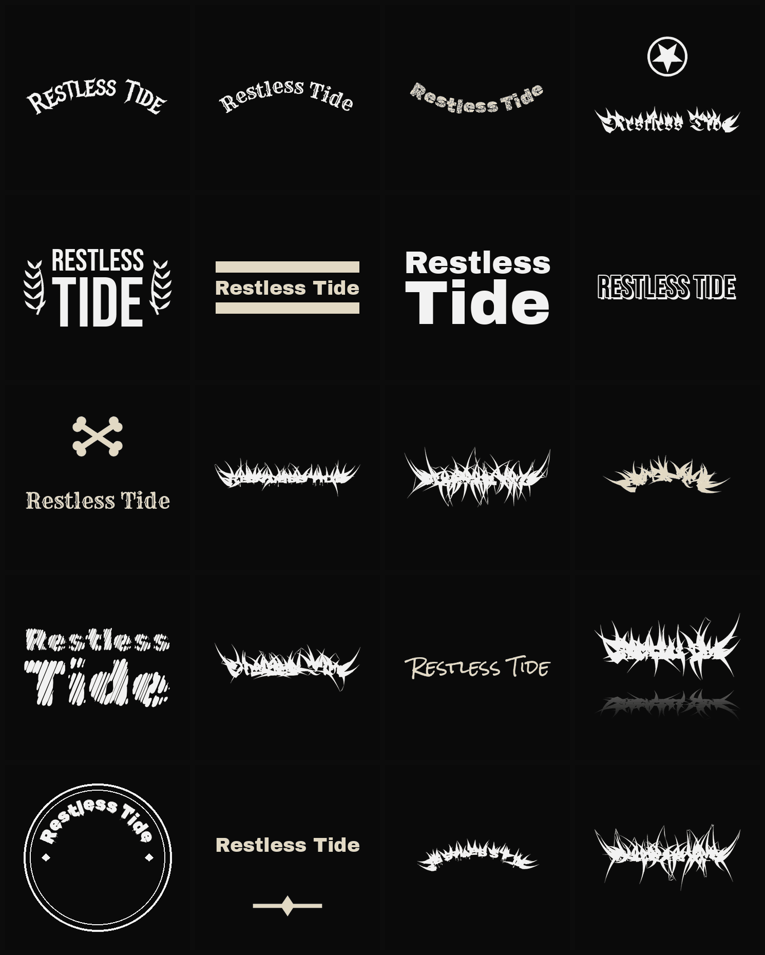 Twenty Restless Tide band logo ideas — different faces, treatments and spike settings