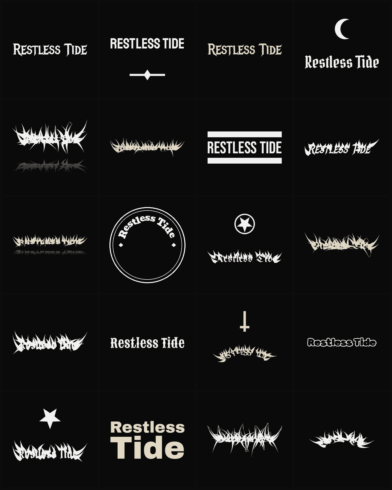 Twenty Restless Tide band logo ideas — different faces, treatments and spike settings