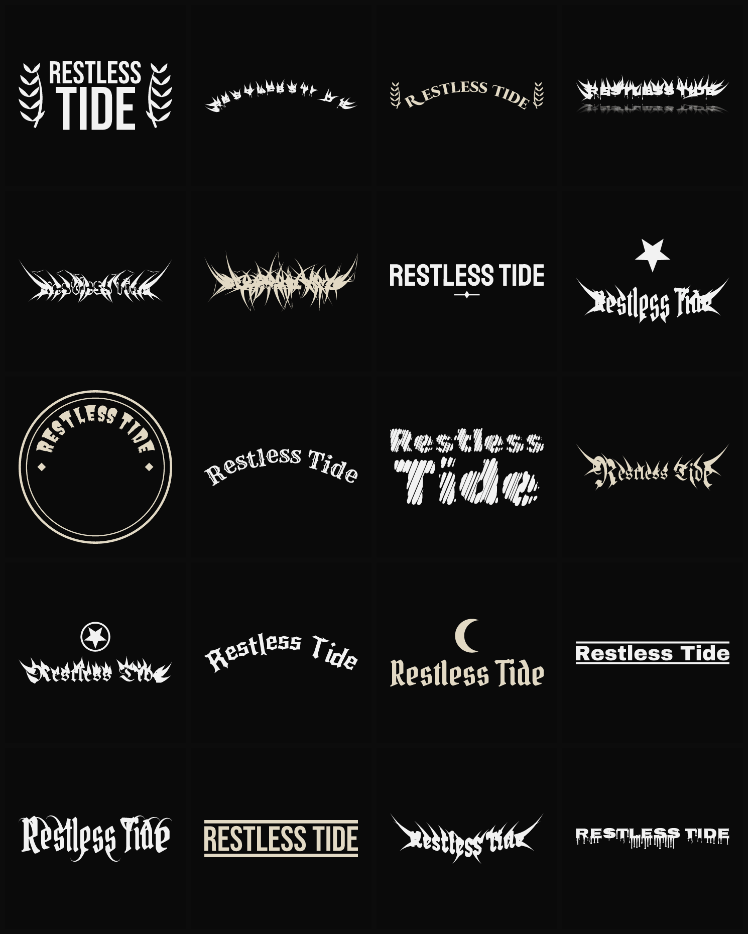 Twenty Restless Tide band logo ideas — different faces, treatments and spike settings