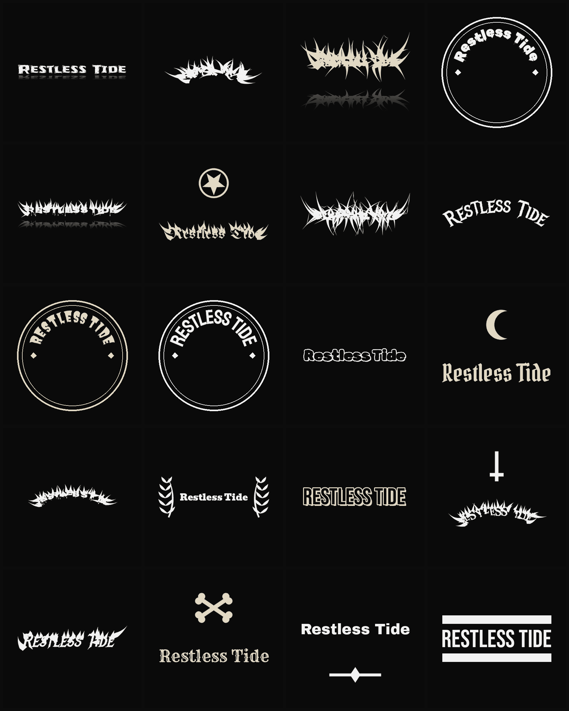 Twenty Restless Tide band logo ideas — different faces, treatments and spike settings