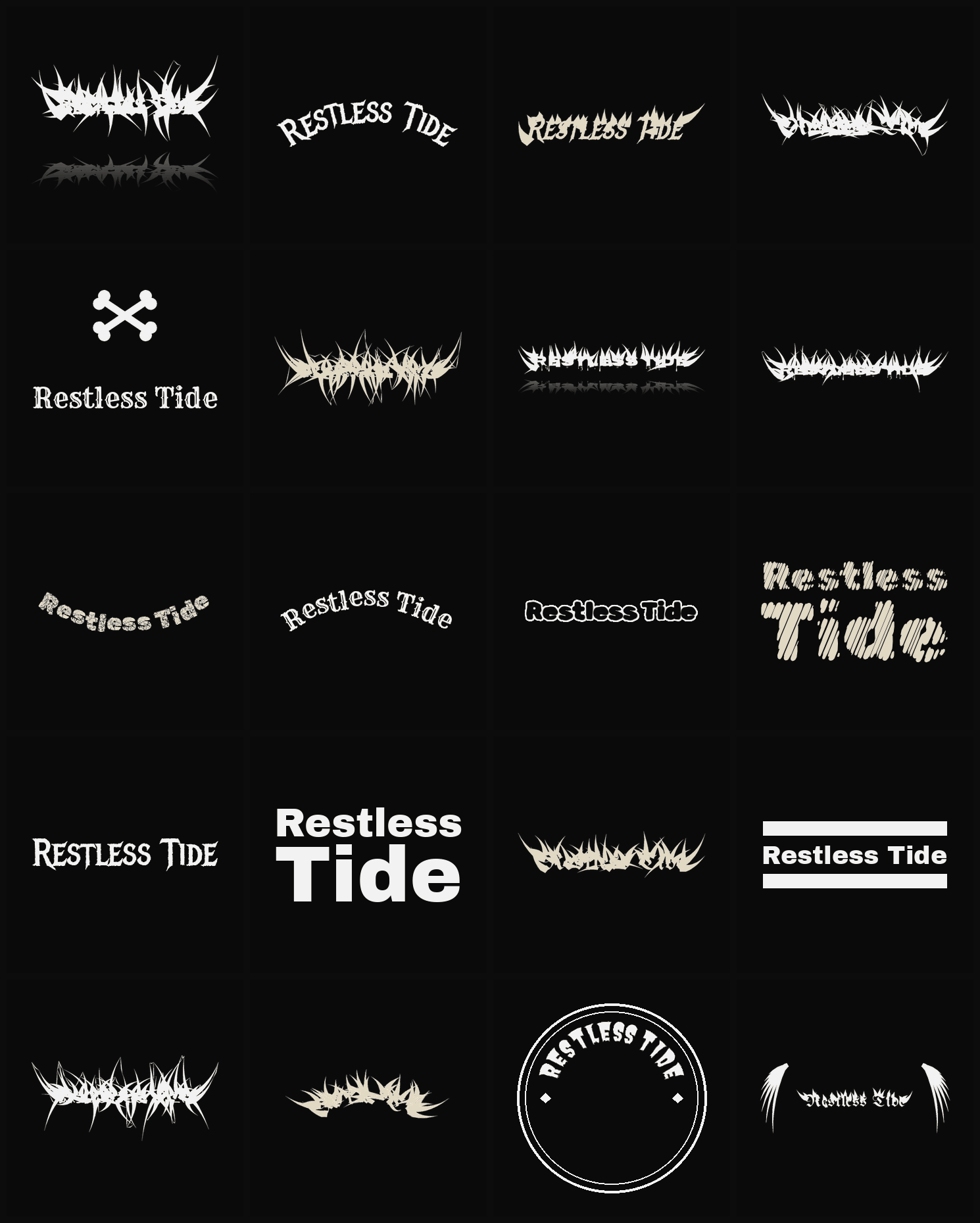 Twenty Restless Tide band logo ideas — different faces, treatments and spike settings