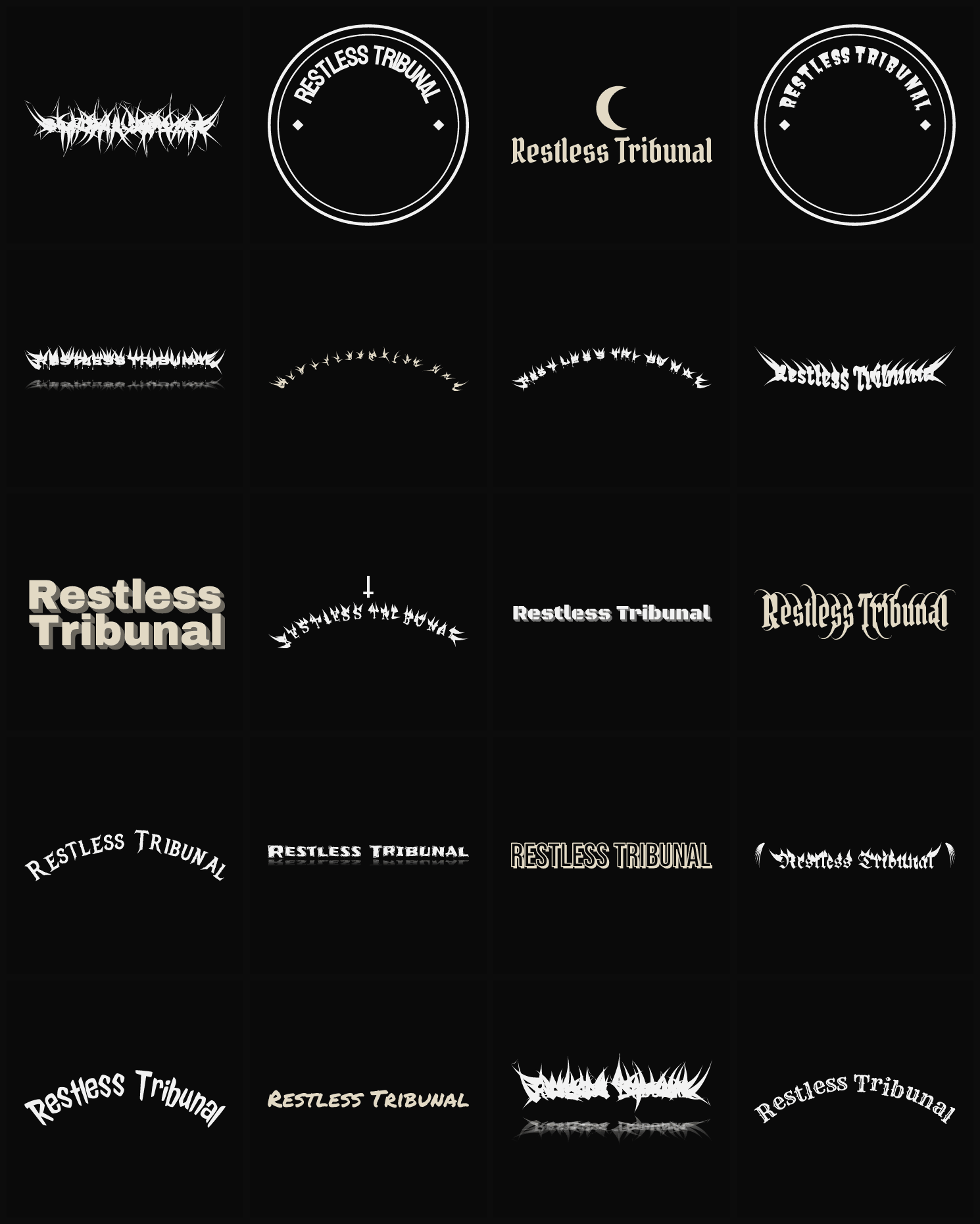 Twenty Restless Tribunal band logo ideas — different faces, treatments and spike settings