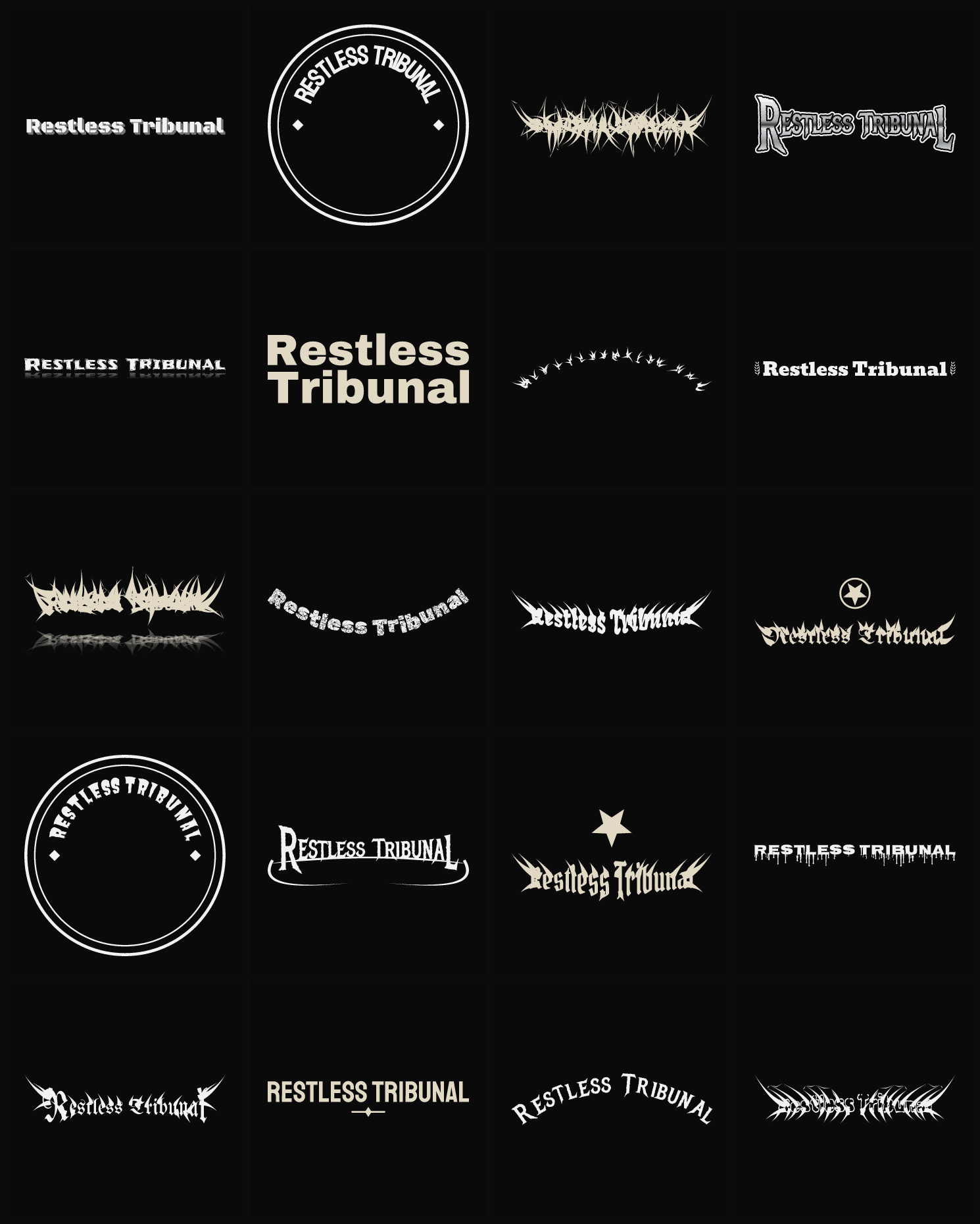 Twenty Restless Tribunal band logo ideas — different faces, treatments and spike settings