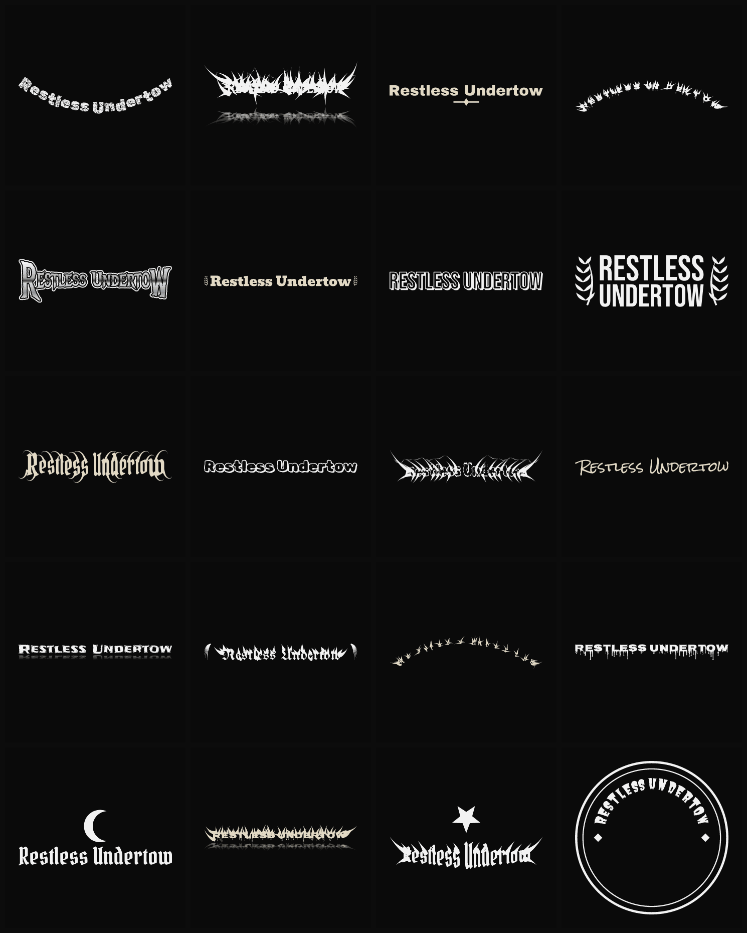 Twenty Restless Undertow band logo ideas — different faces, treatments and spike settings